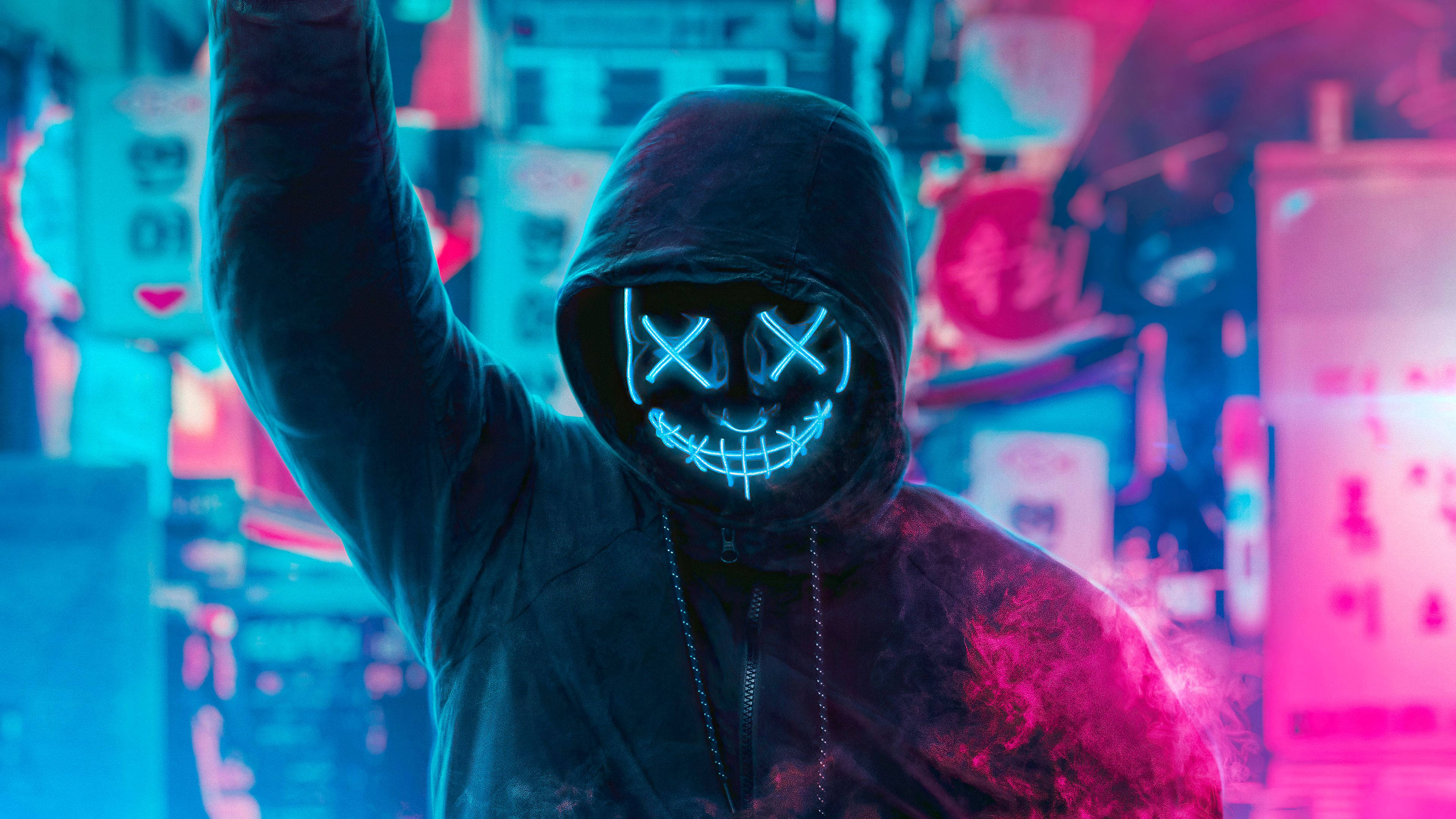glowing blue LED mask, black hoodie, neon-lit urban alleyway, 4K Desktop Wallpaper
