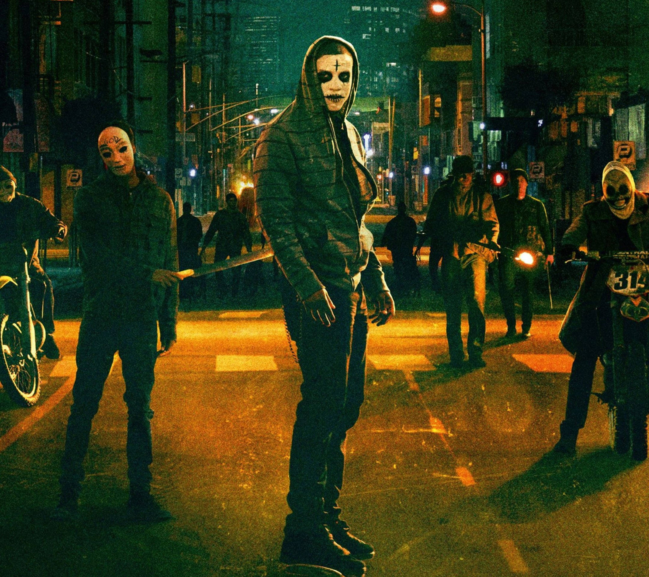 alley crew purge mask, skull makeup, neon-lit urban street, Full HD Desktop Wallpaper