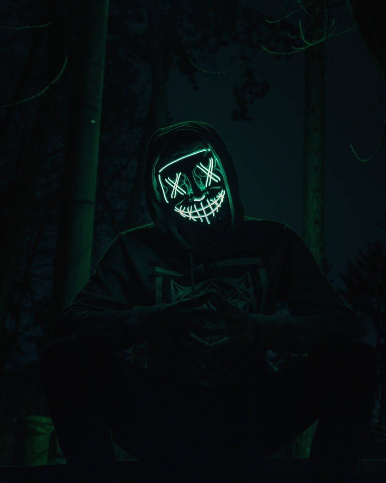 scary purge mask, glowing green LED mask, dark forest, HD Phone Wallpaper