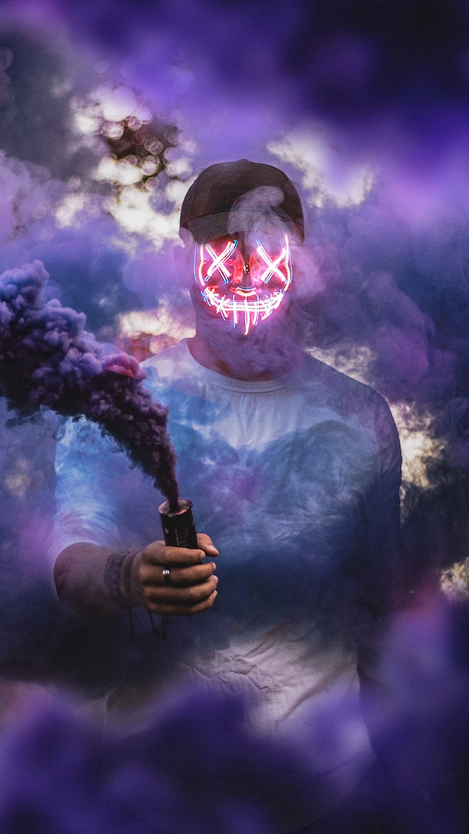 Purge Mask, glowing red LED mask, purple smoke, 2K Phone Wallpaper