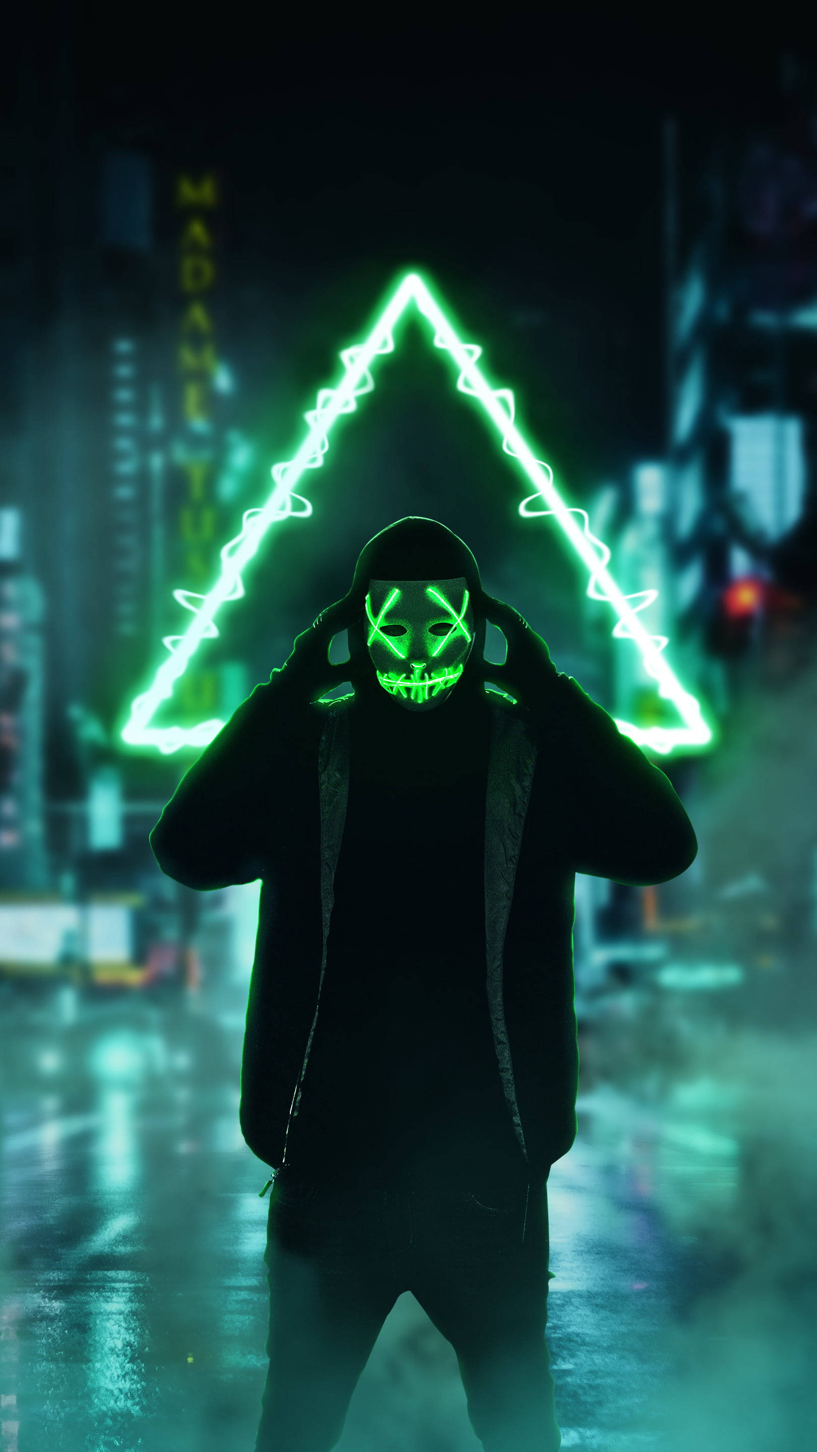 Purge Mask, green triangle, glowing green skull mask, 2K Phone Wallpaper