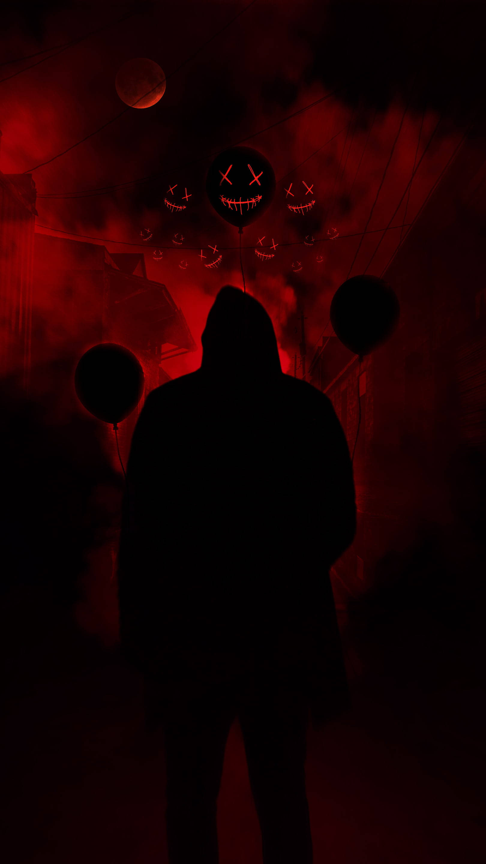 Purge Mask, hooded figure, red-lit alley, 2K Phone Wallpaper