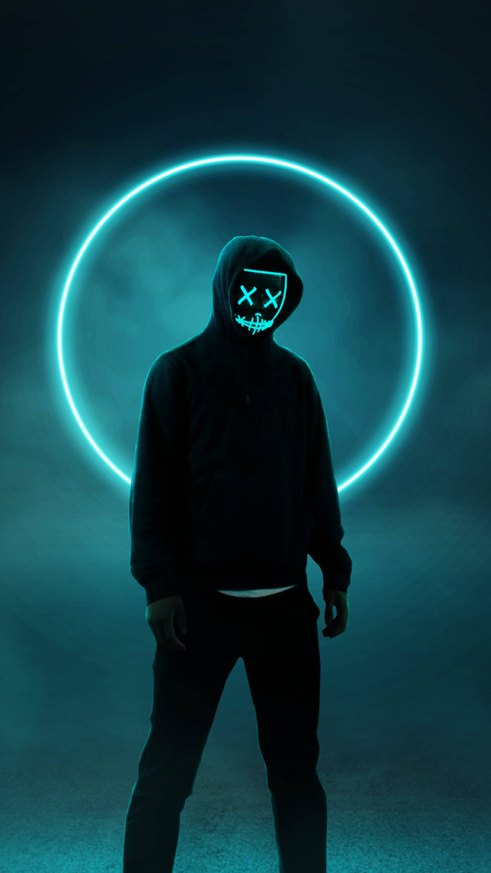Purge Mask, glowing blue skull mask, neon ring, 2K Phone Wallpaper
