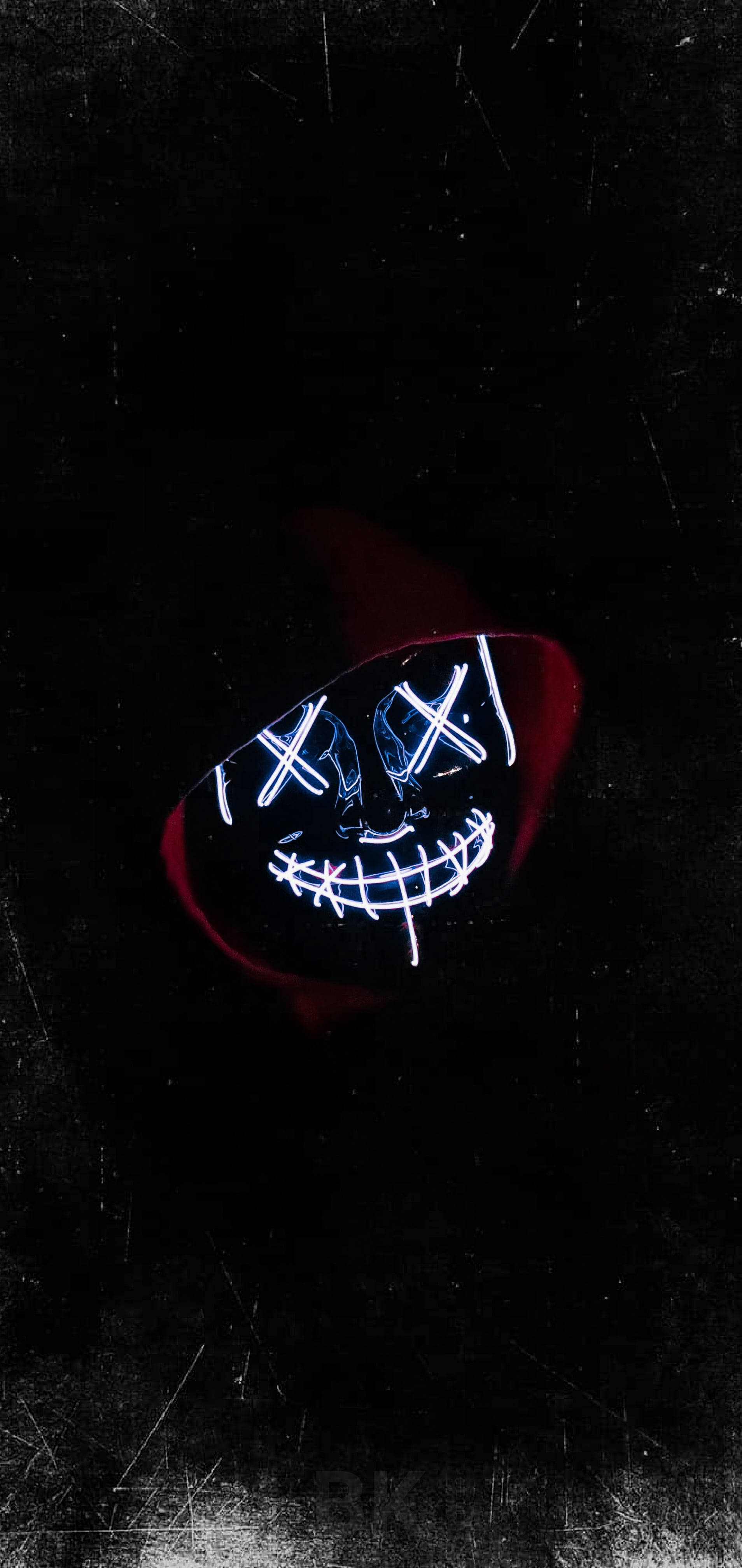 Purge Mask, red hood, glowing white LED mask, 4K Phone Wallpaper