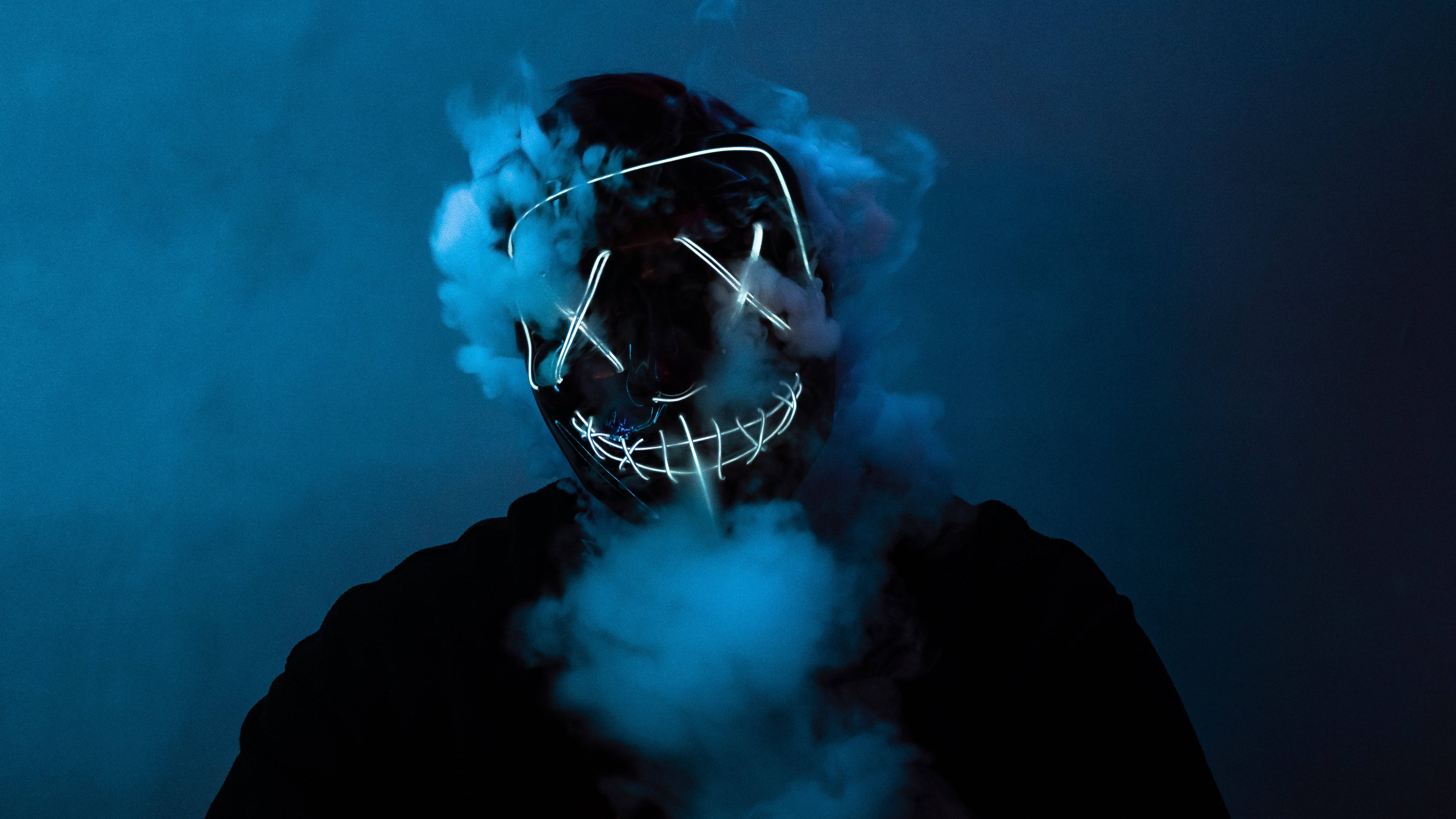Smoking Purge Mask, glowing white LED mask, blue smoke, 5K Desktop Wallpaper
