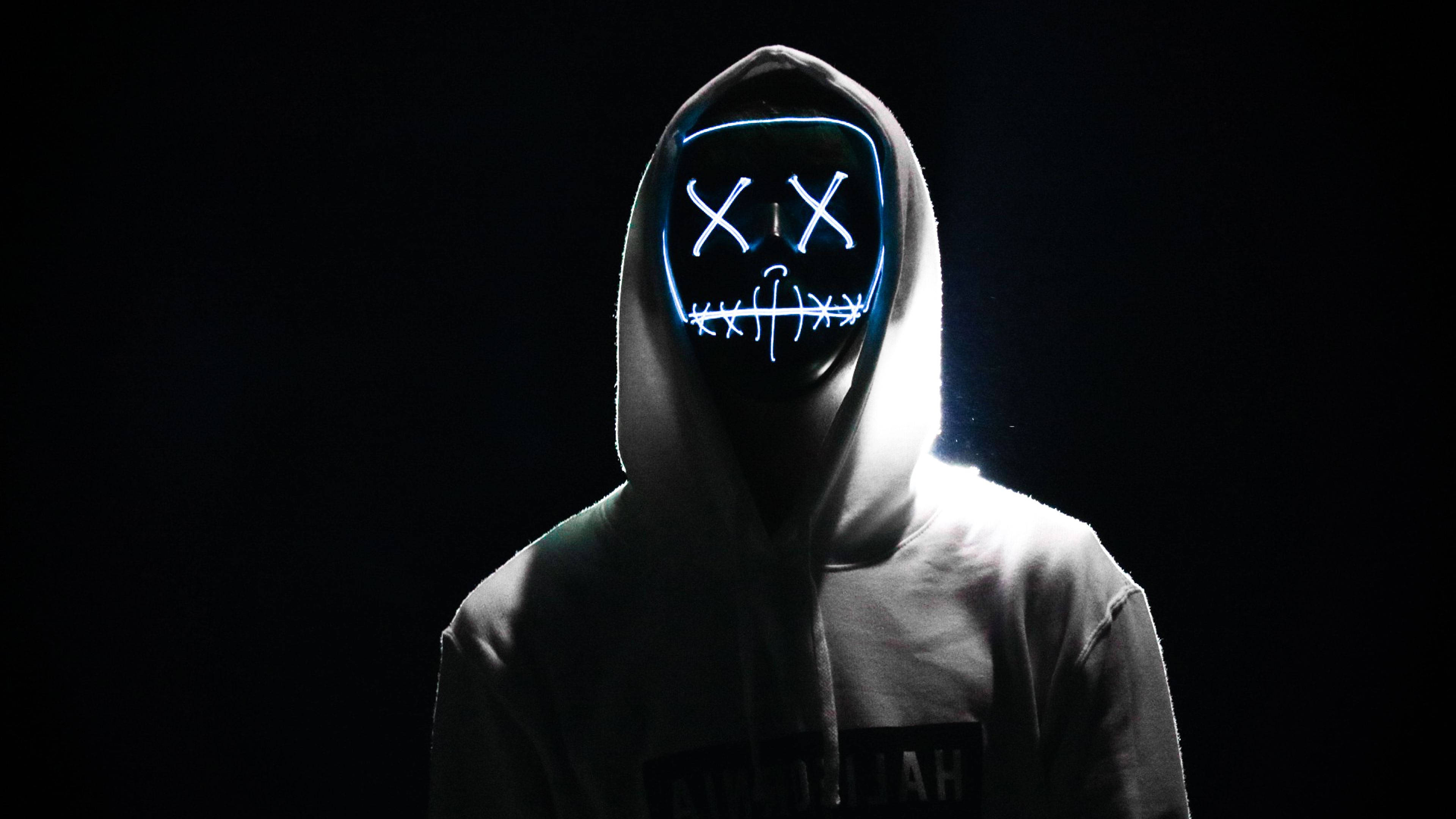 The Purge Mask, glowing blue LED mask, X eyes, 4K Desktop Wallpaper