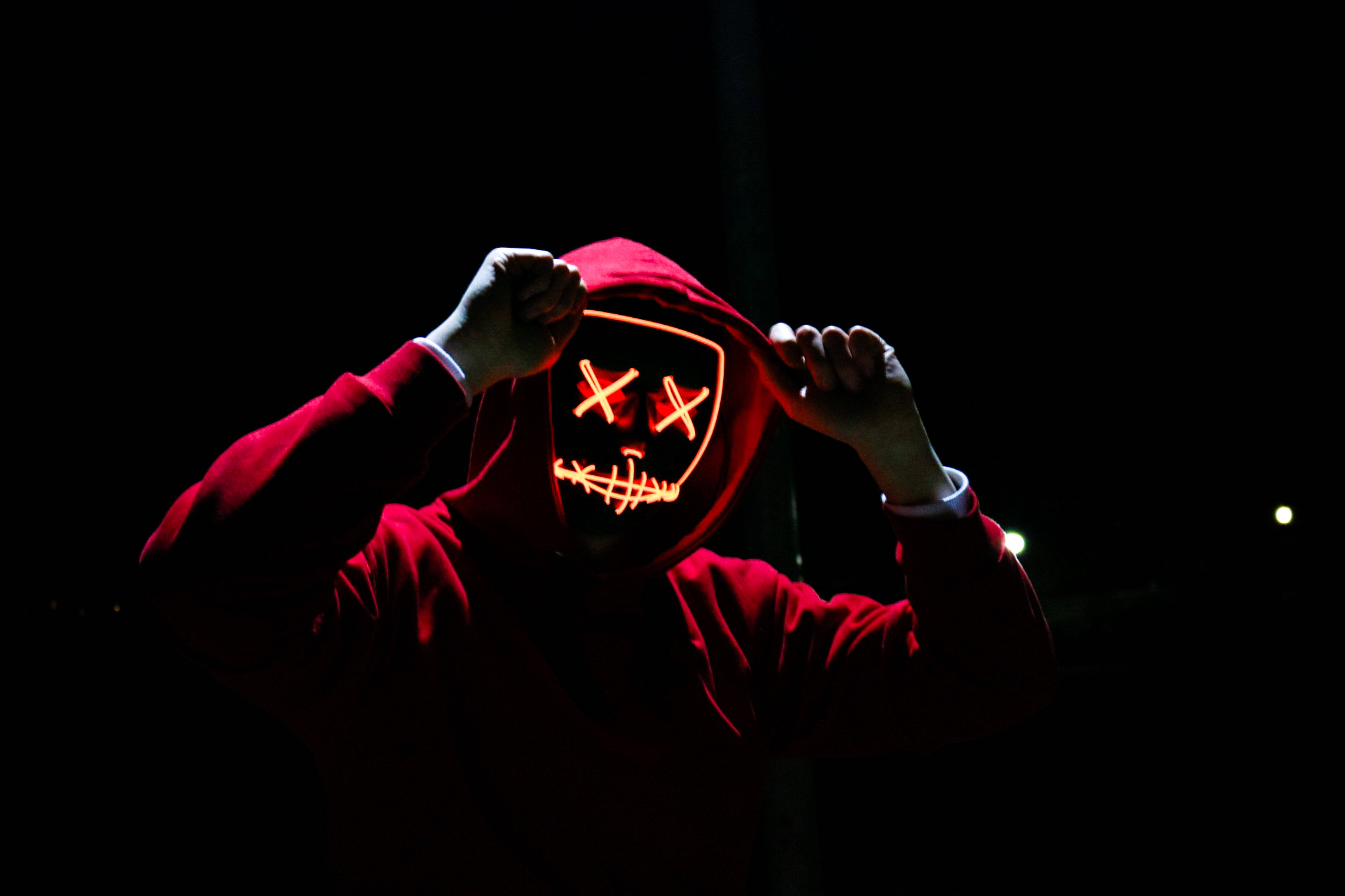 The Purge Mask, red hoodie, glowing orange LED mask, 5K Desktop Wallpaper