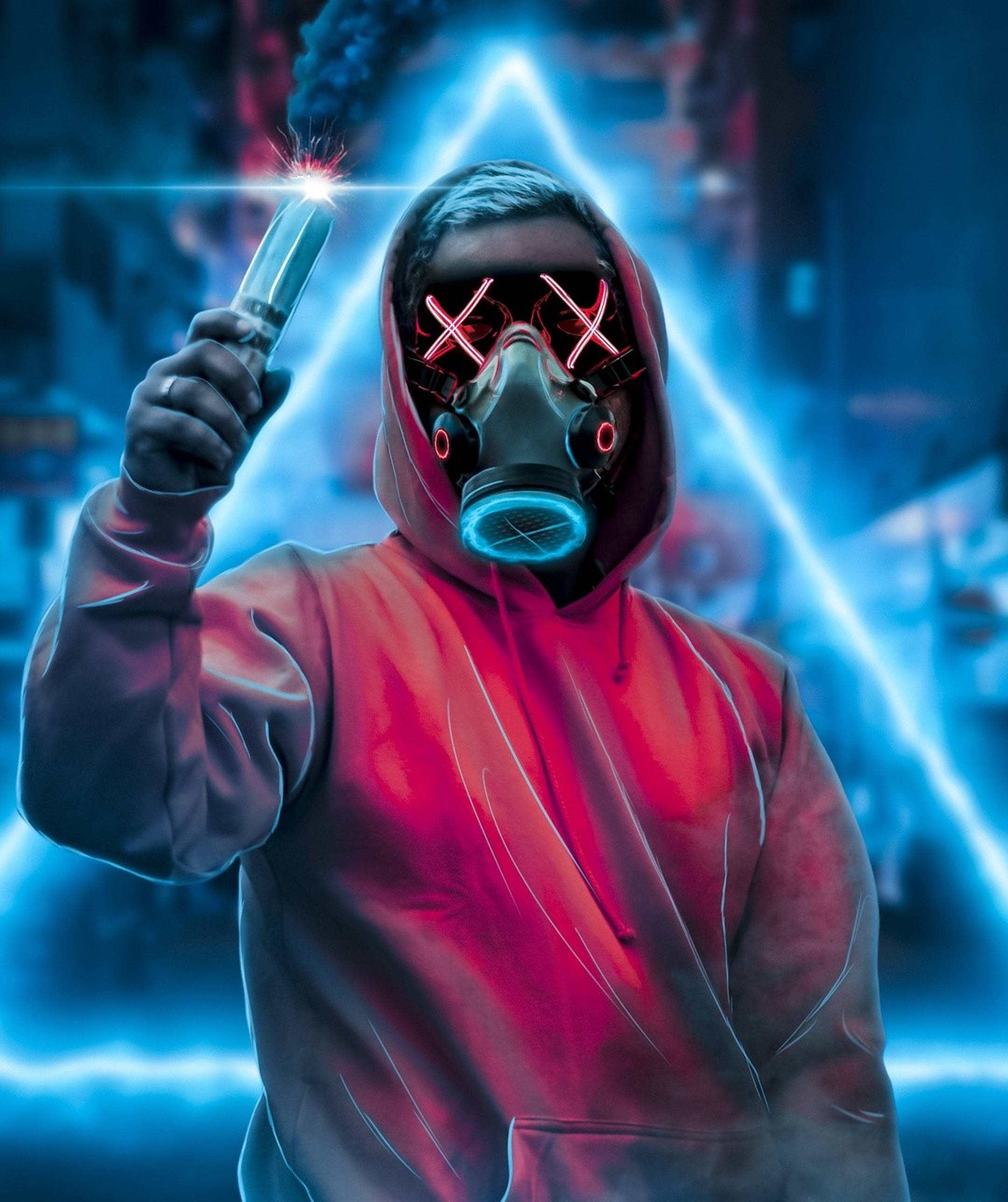 neon red mask, sparking weapon, neon blue energy field, 2K Phone Wallpaper