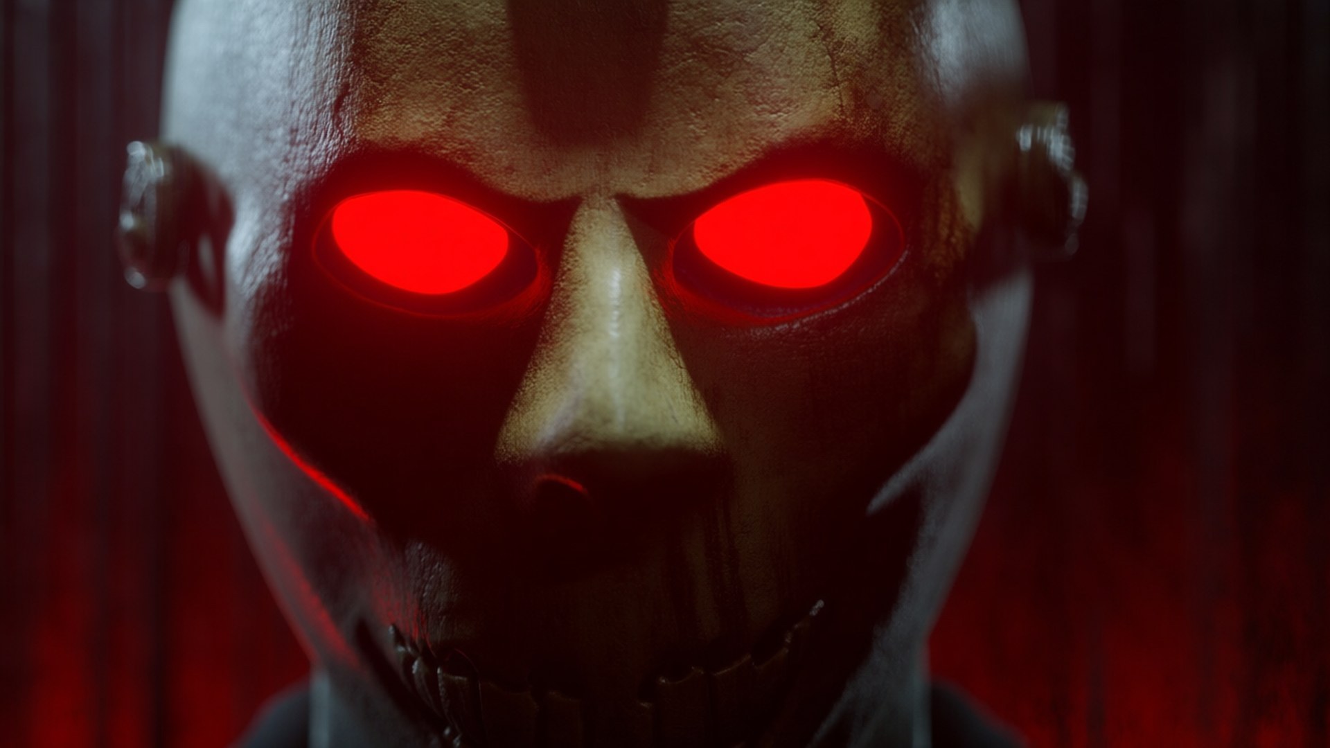 glowing red eyes, sinister grin, pale masked figure, Full HD Desktop Wallpaper