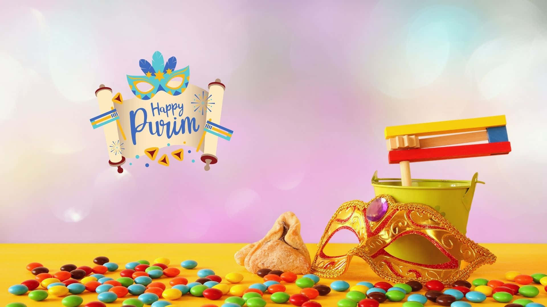 Purim, colorful candies, golden mask, Full HD Desktop Wallpaper