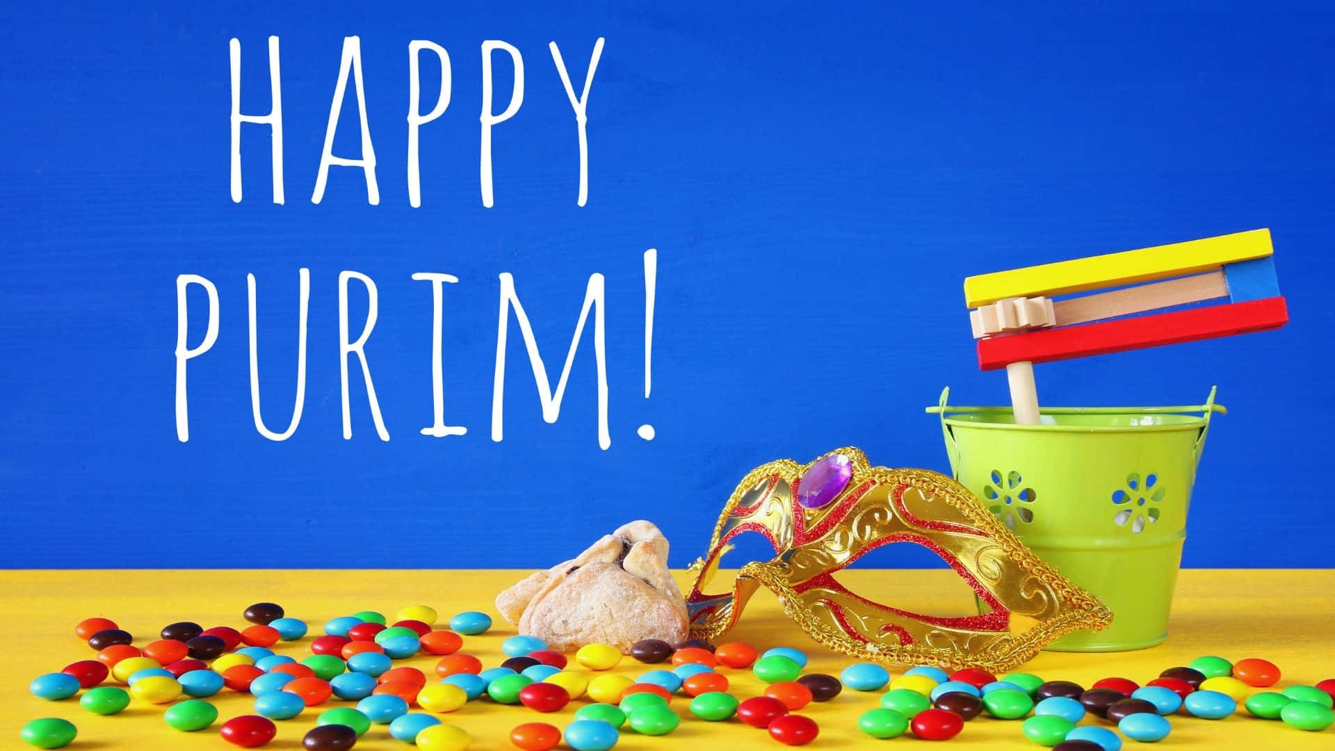 Purim, gold mask candy bucket, colorful candies, Full HD Desktop Wallpaper