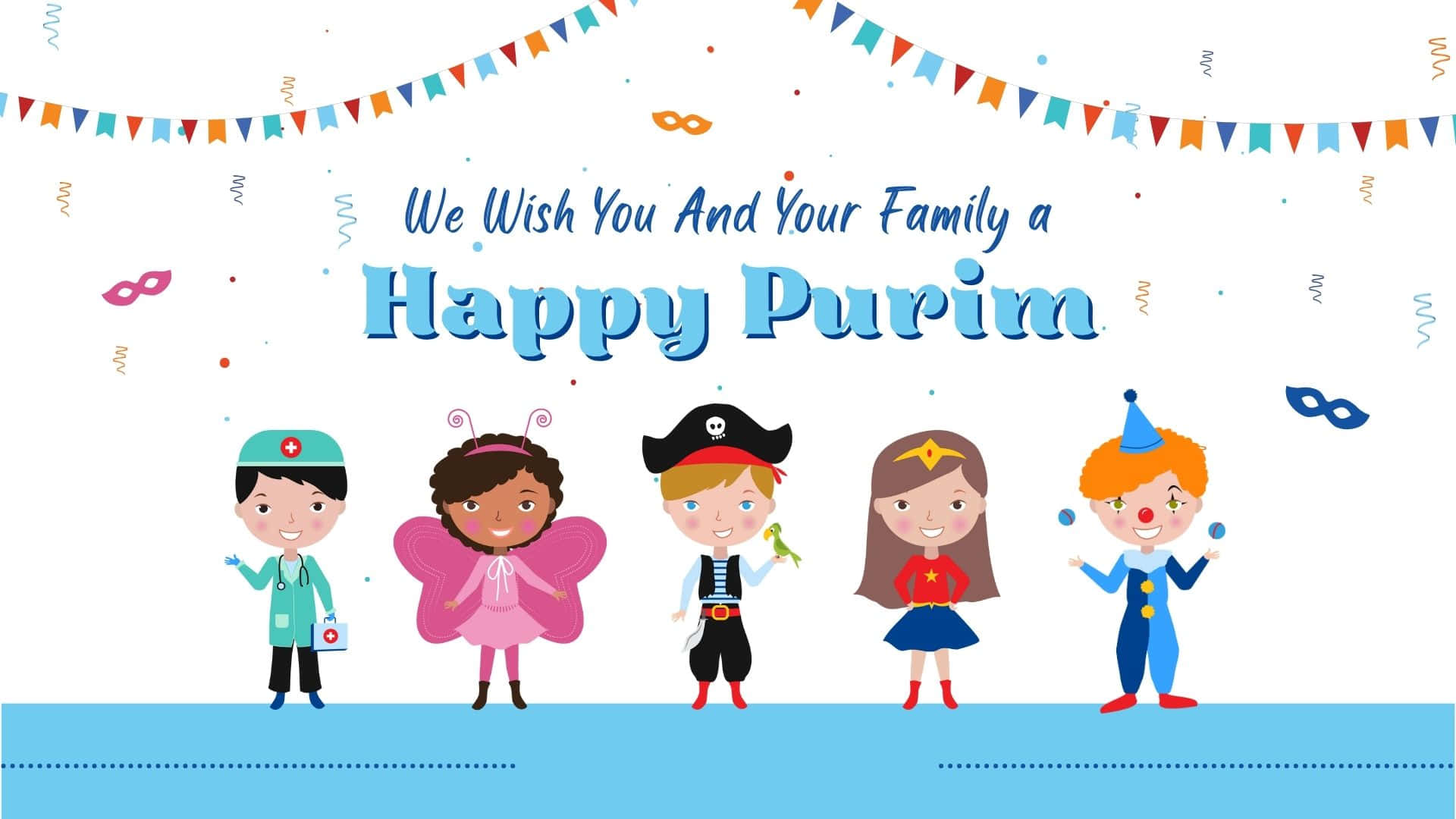 Purim, cartoon children, colorful costumes, Full HD Desktop Wallpaper