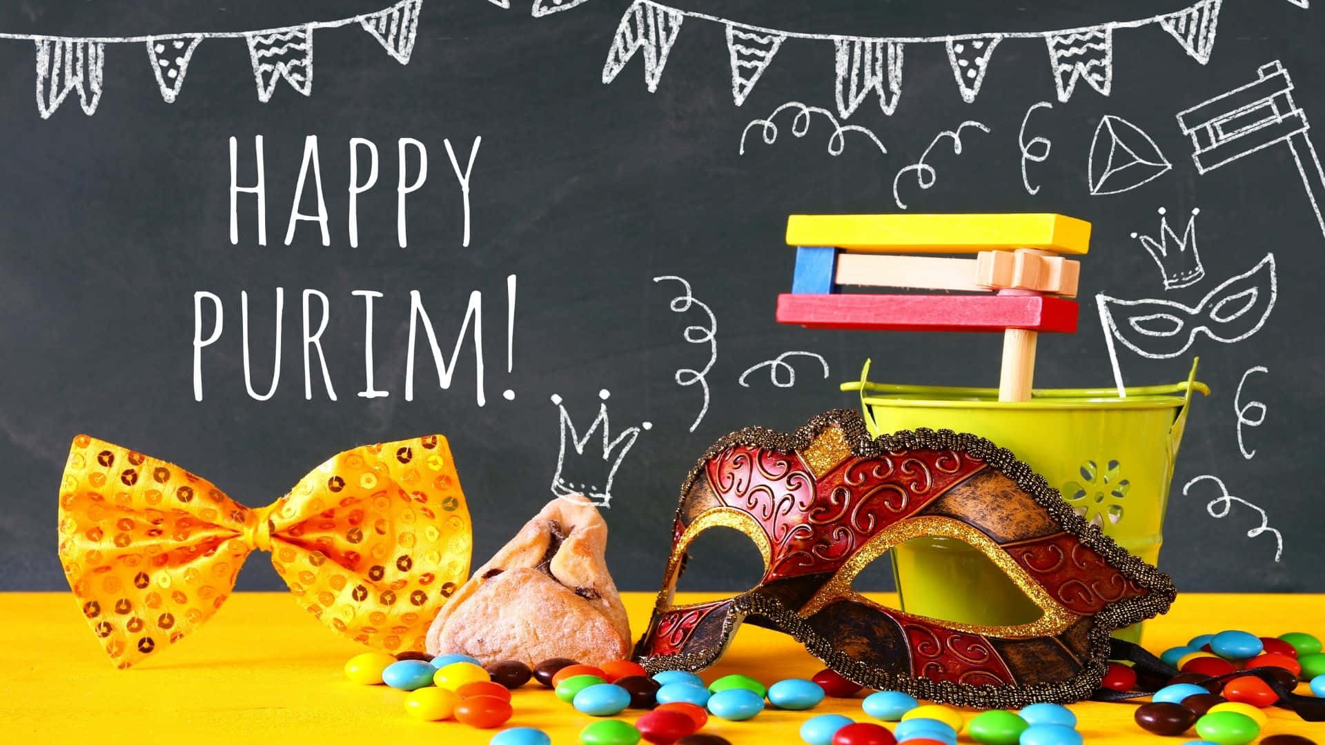 Purim, chalkboard backdrop, colorful candies, Full HD Desktop Wallpaper
