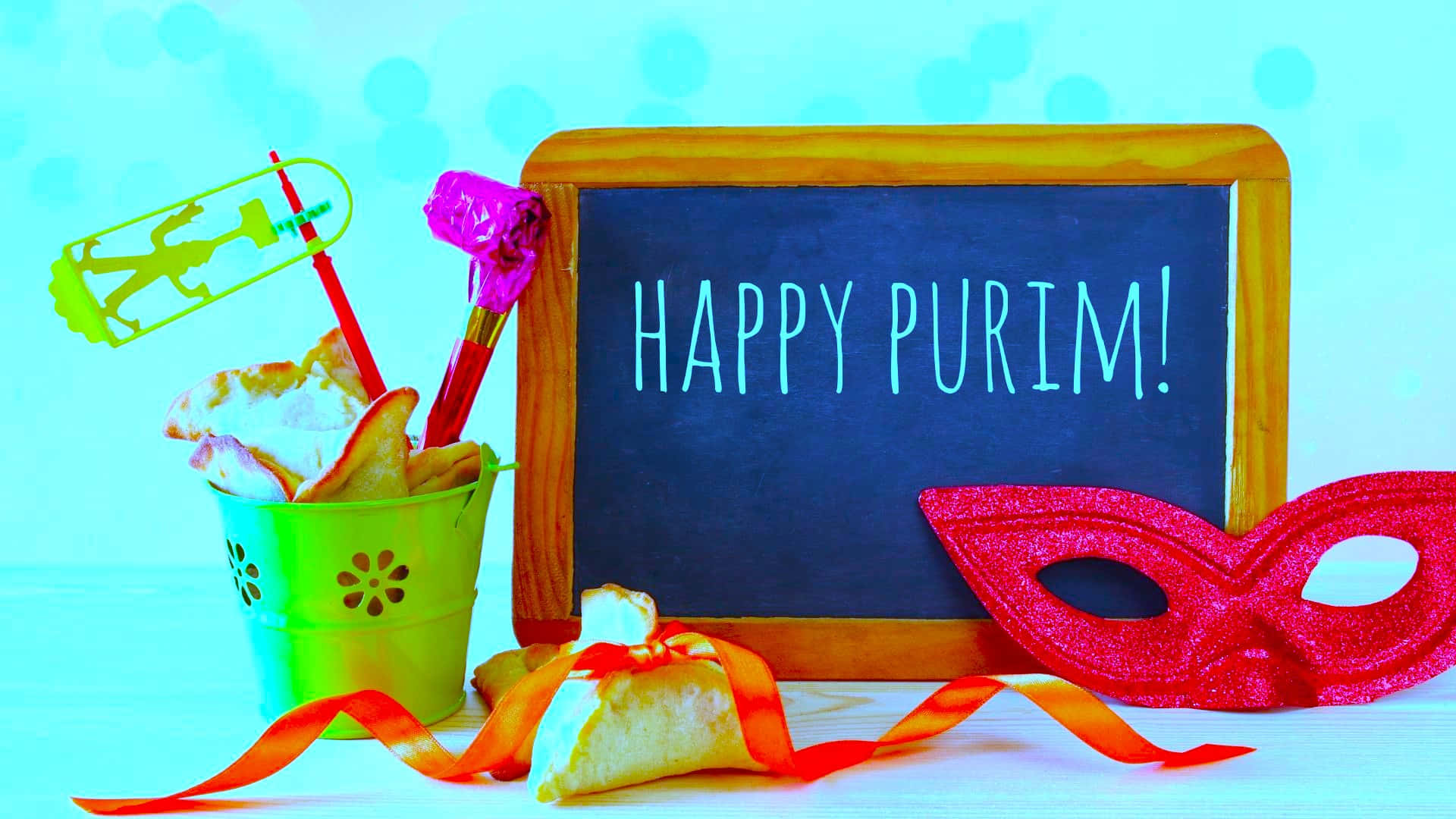 Purim, chalkboard sign, glittery mask, Full HD Desktop Wallpaper