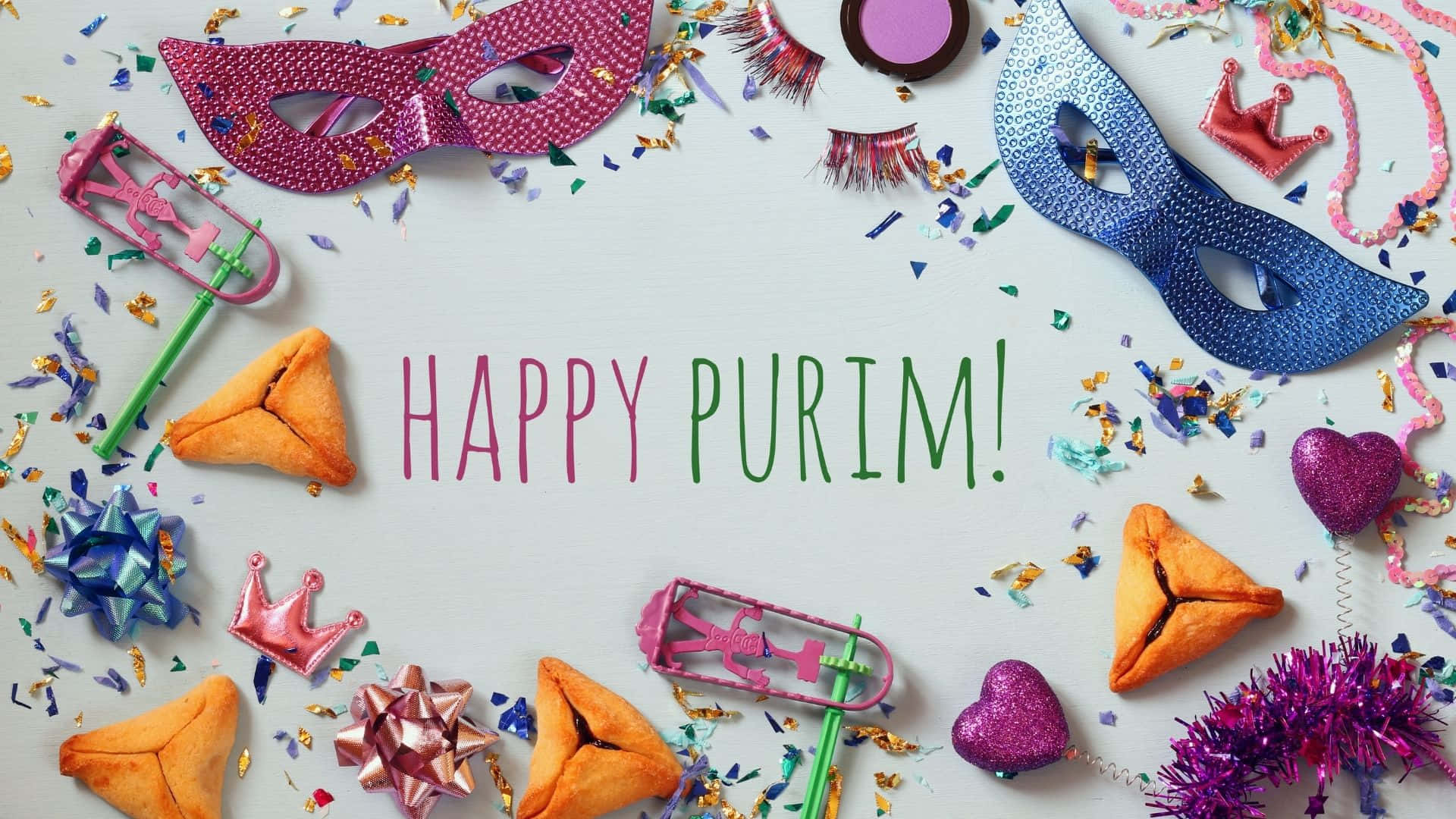 Purim, colorful masks, hamantaschen, Full HD Desktop Wallpaper