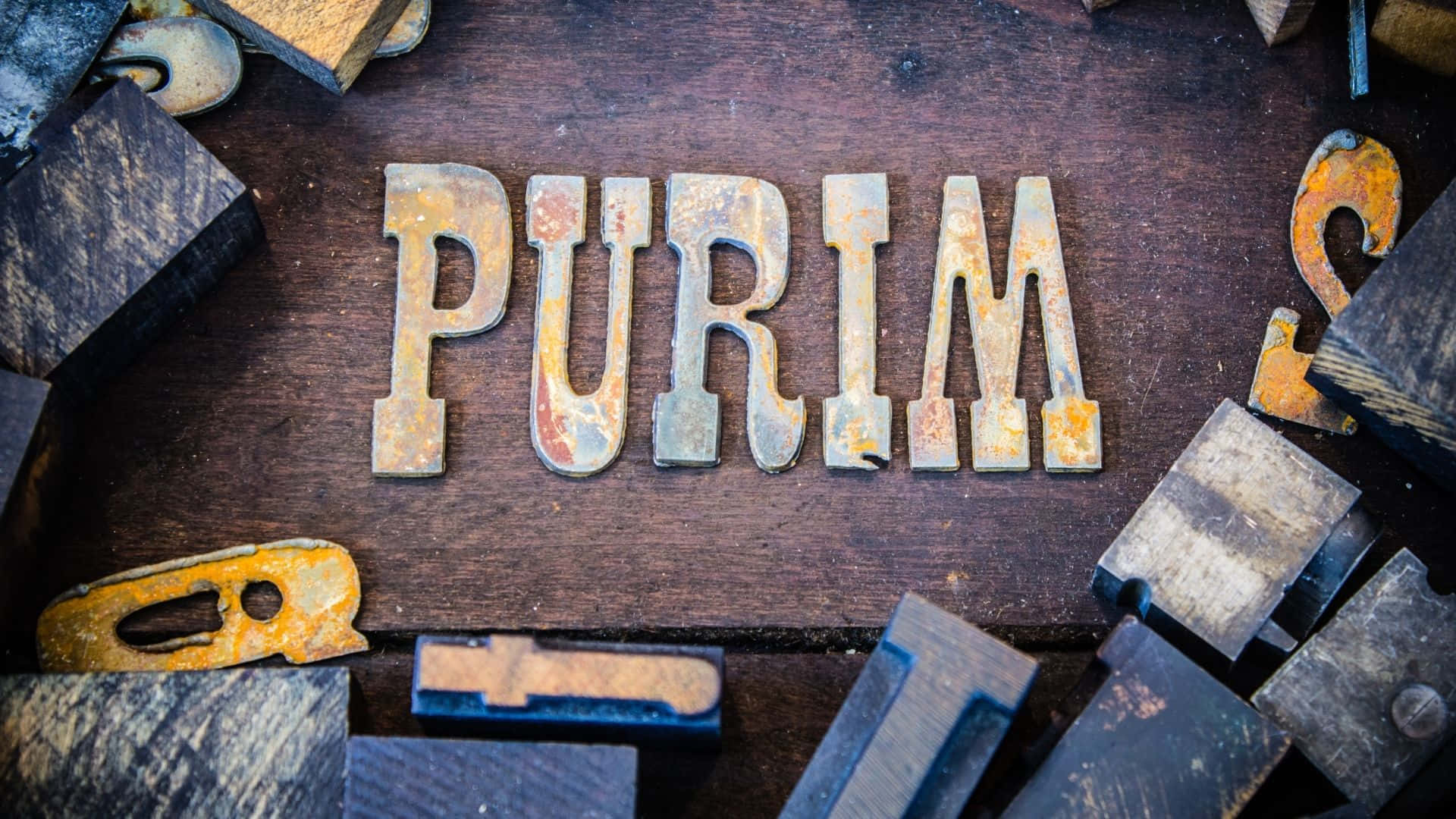 PURIM, weathered metal letters, dark wooden surface, Full HD Desktop Wallpaper