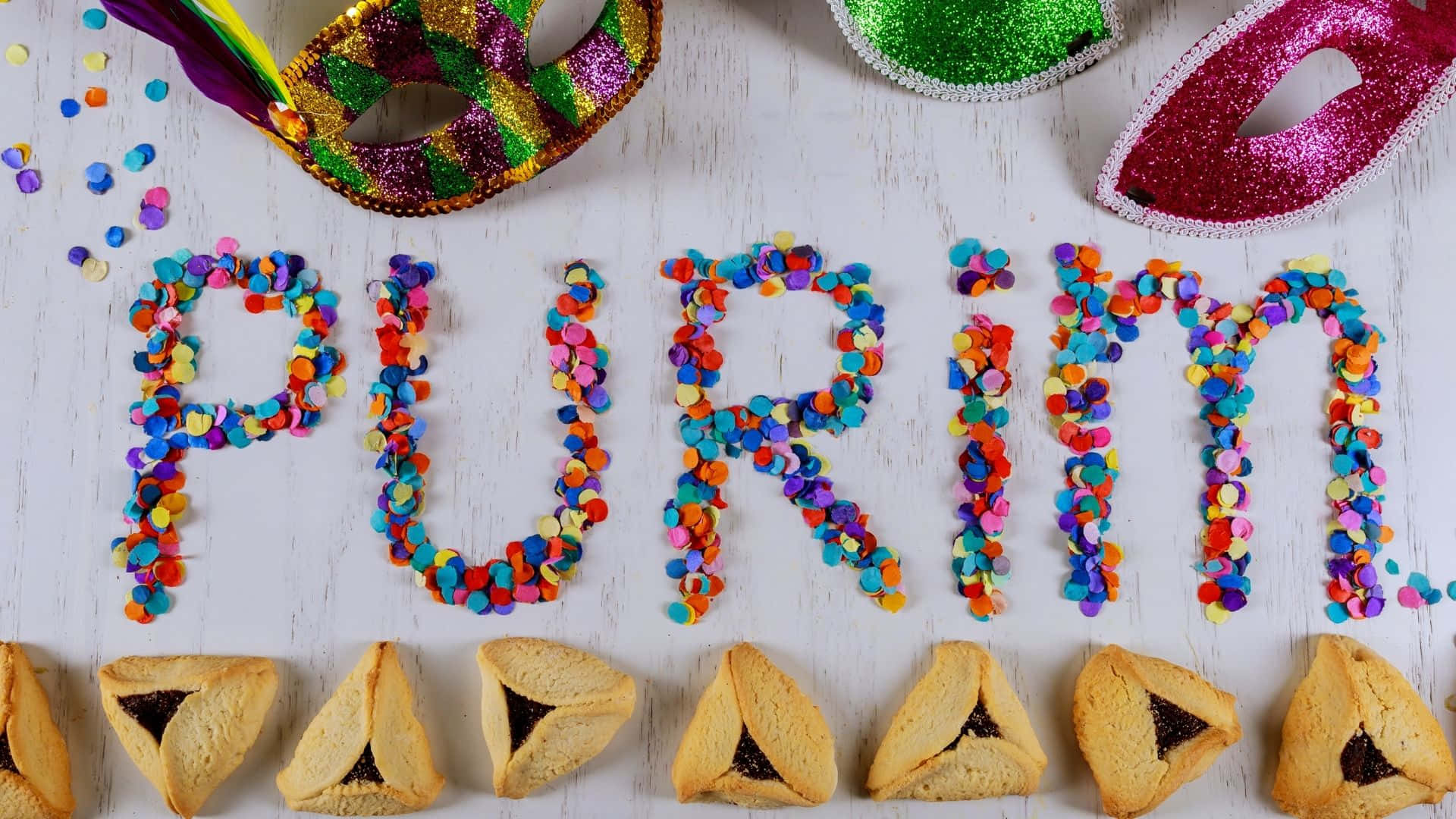 PURIM, confetti, white wooden surface, Full HD Desktop Wallpaper