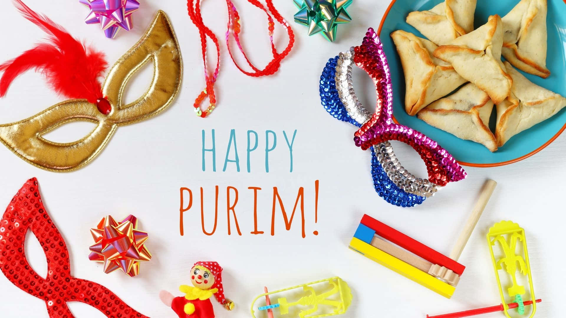 Purim, colorful masks, hamantaschen, Full HD Desktop Wallpaper