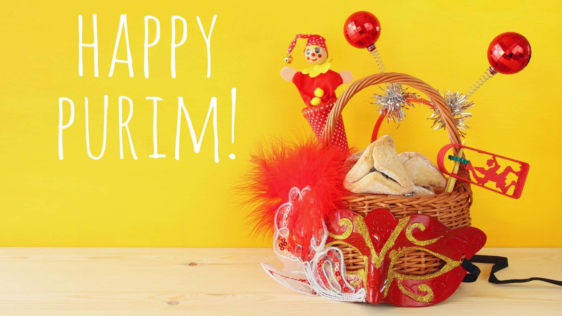 Purim, hamantaschen cookies, clown figurine, Full HD Desktop Wallpaper
