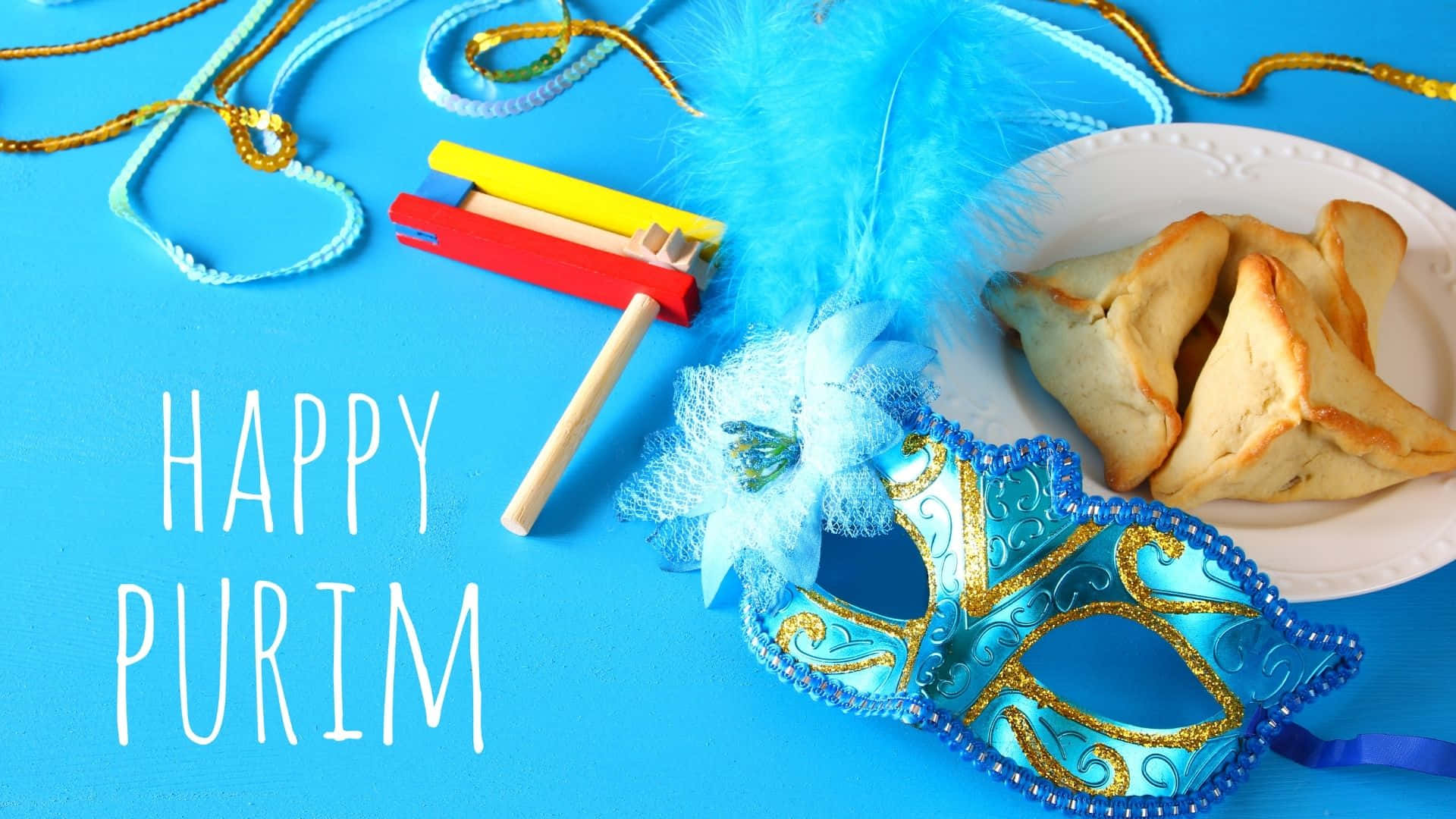 Purim, vibrant blue background, decorative mask, Full HD Desktop Wallpaper