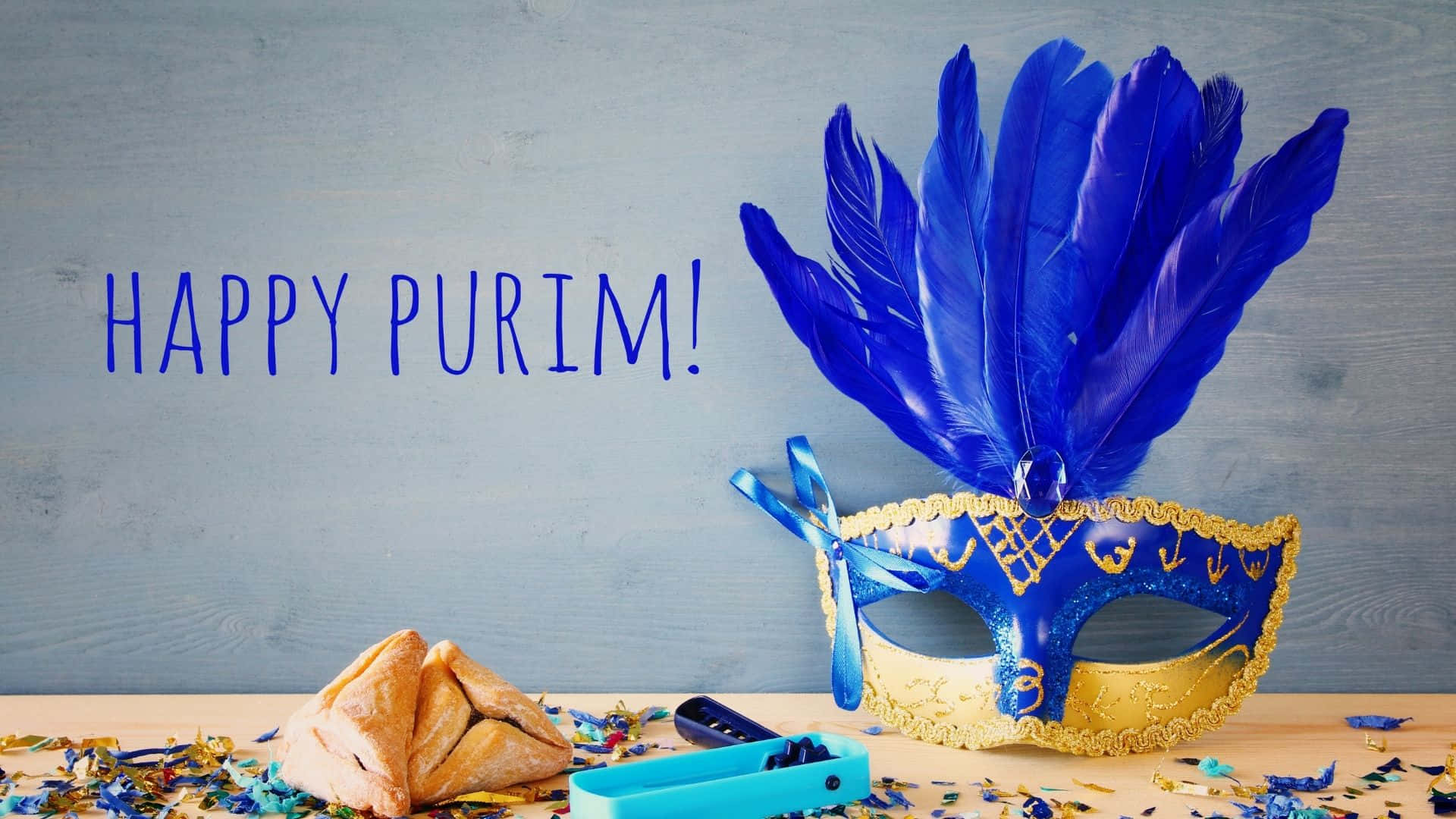 Purim, blue and gold Purim mask, feathers, Full HD Desktop Wallpaper