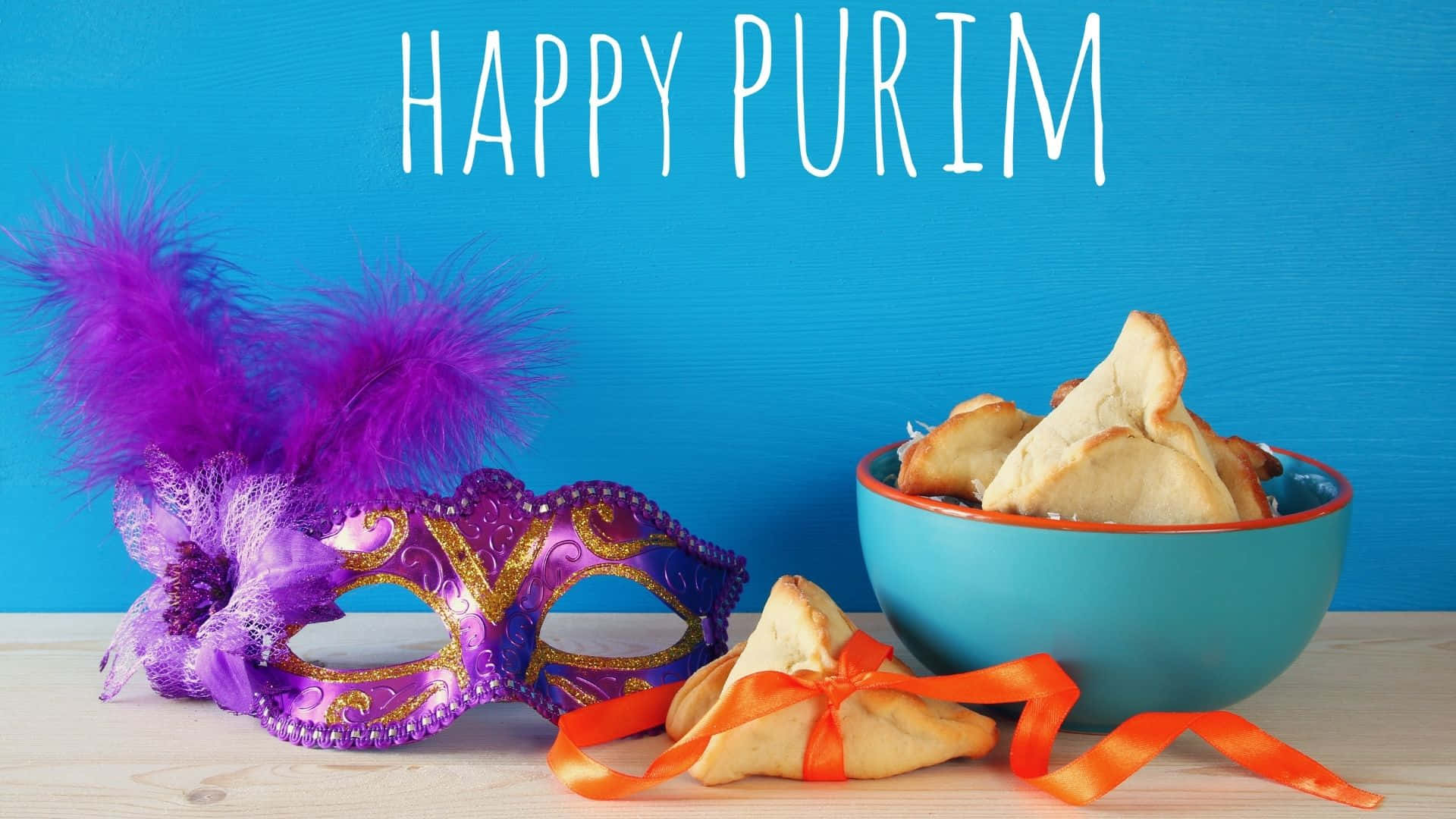 Purim, purple feathered mask, bowl of hamantaschen, Full HD Desktop Wallpaper