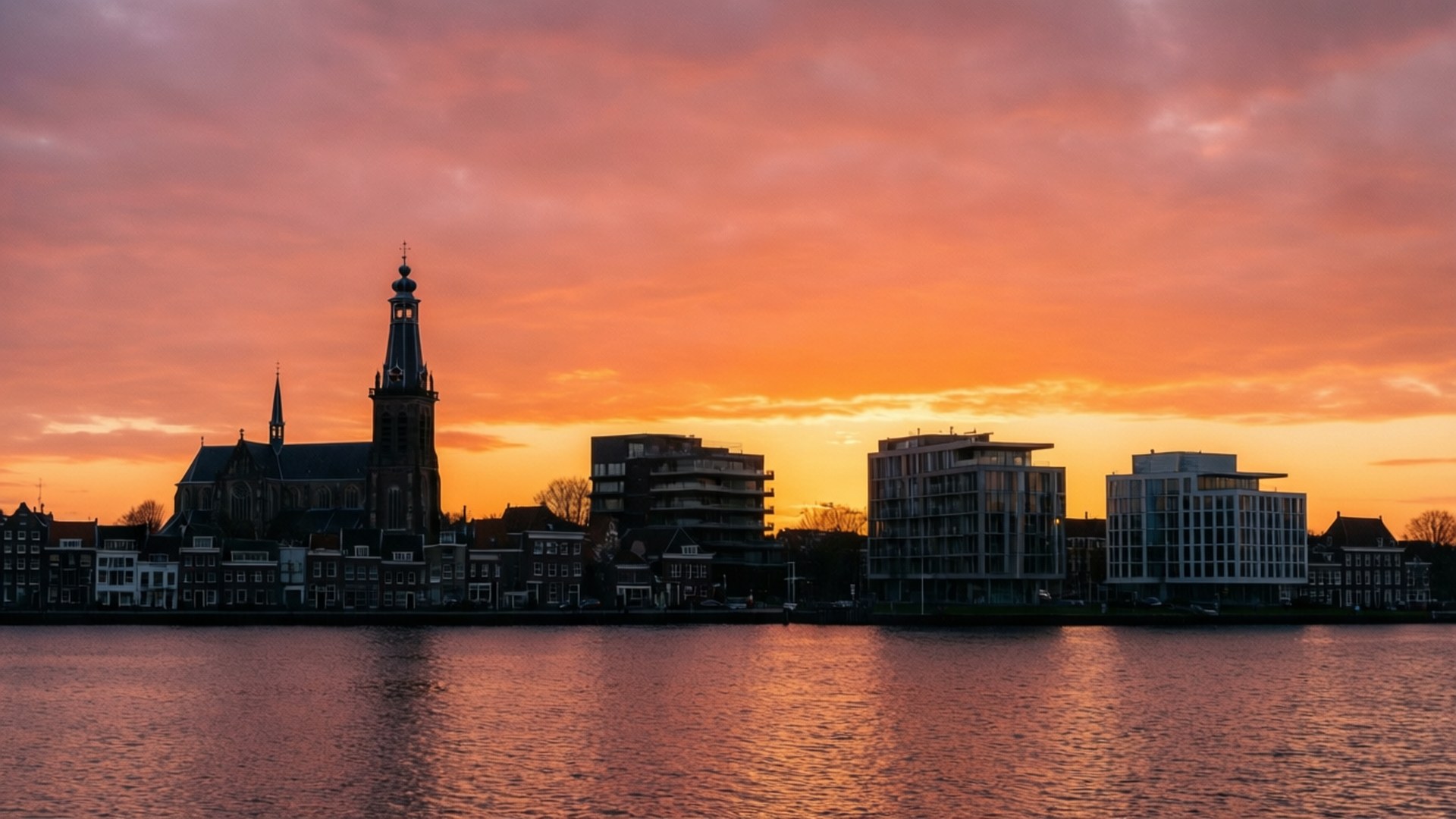 Skyline Sunset, Purmerend, canal, Full HD Desktop Wallpaper
