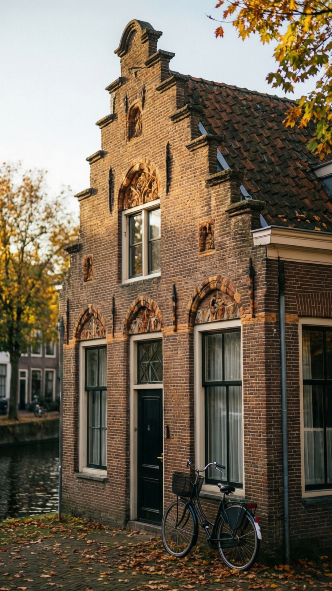 canal house, Purmerend, autumn leaves, Full HD Phone Wallpaper