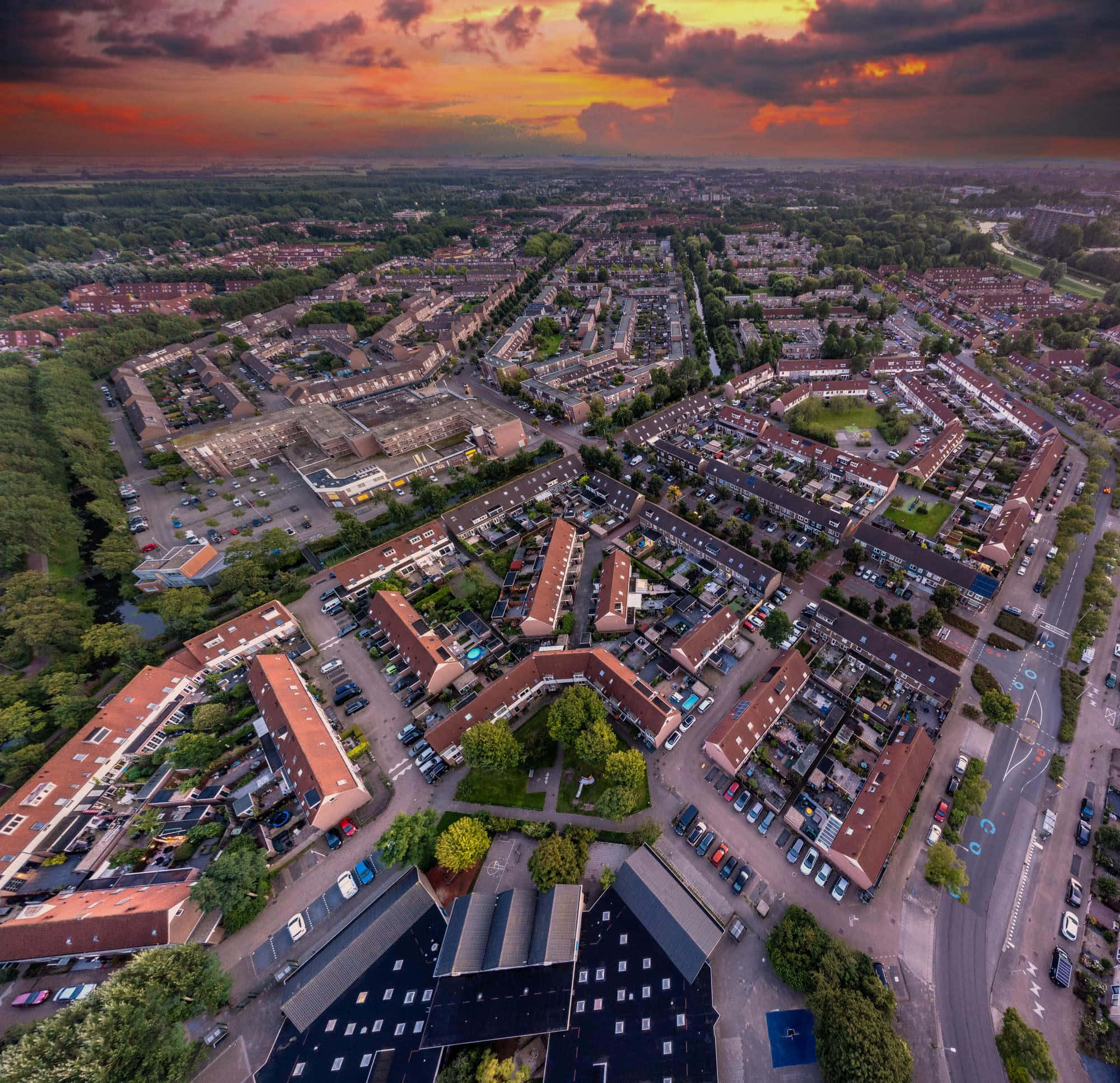 Purmerend, sunset, aerial view, Full HD Desktop Wallpaper
