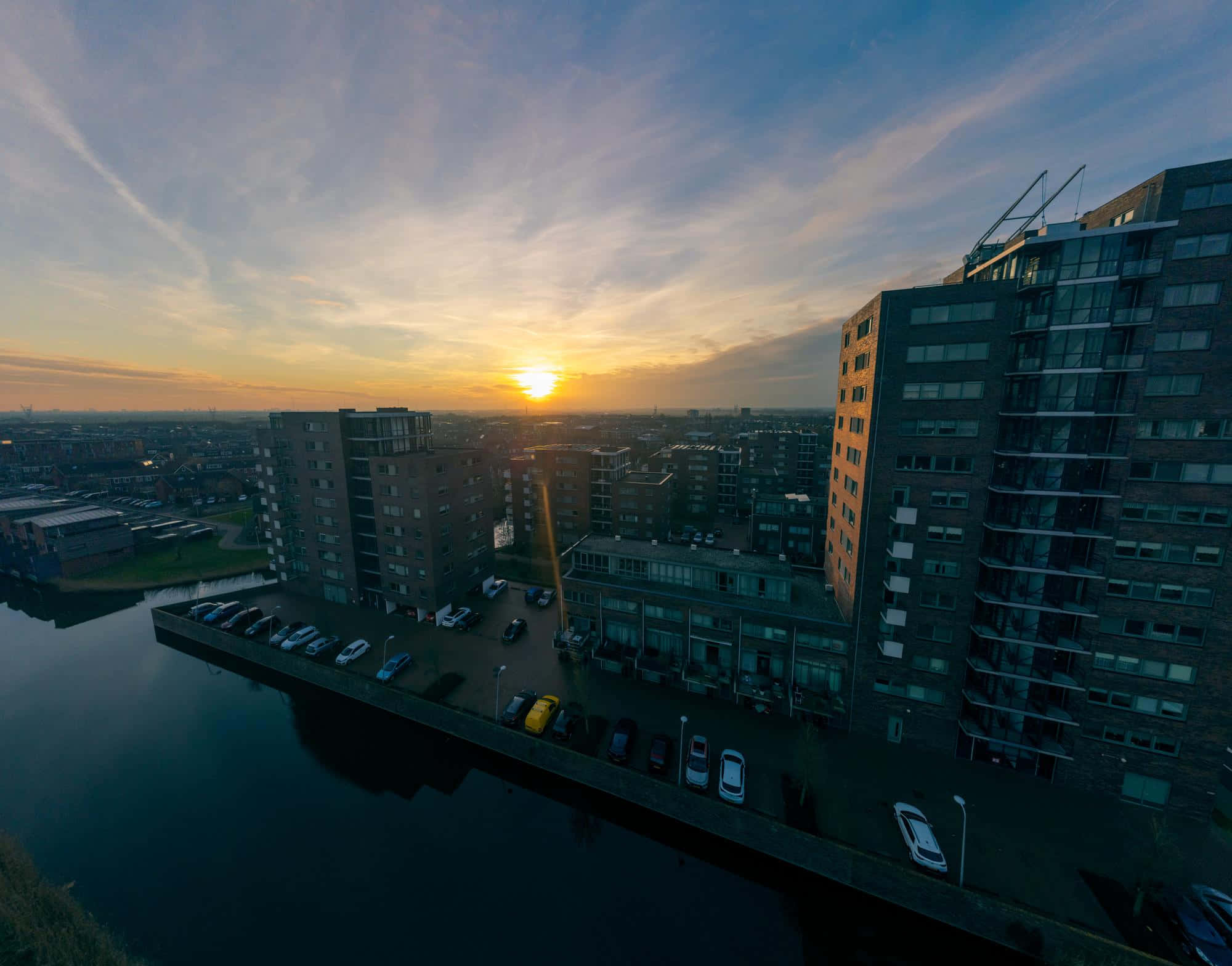 Purmerend, sunset, waterfront buildings, Full HD Desktop Wallpaper