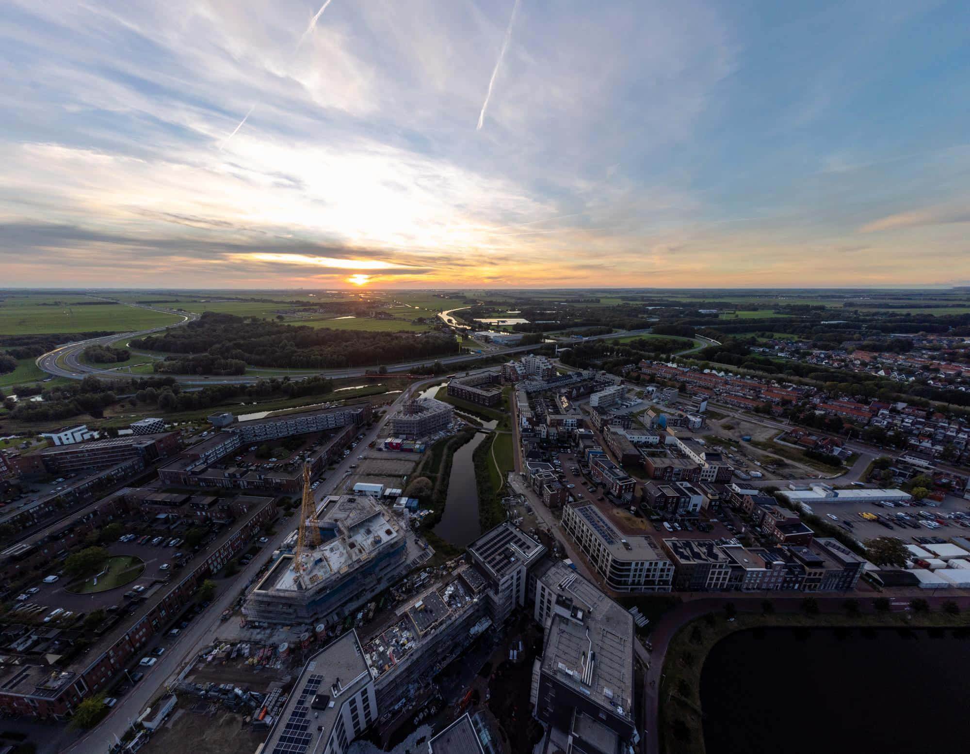 Purmerend, sunset, aerial view, Full HD Desktop Wallpaper