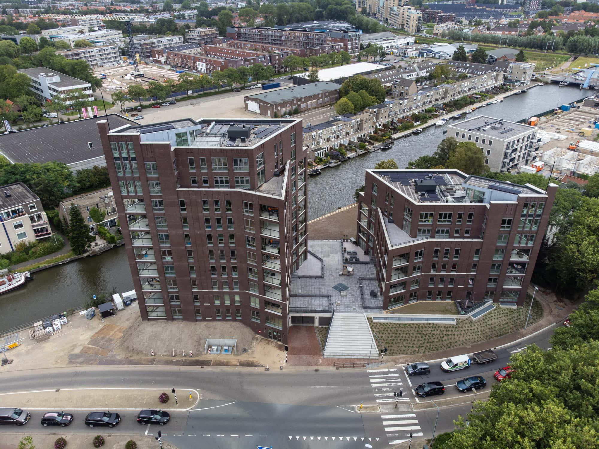 Purmerend, aerial view, modern brick apartment buildings, Full HD Desktop Wallpaper
