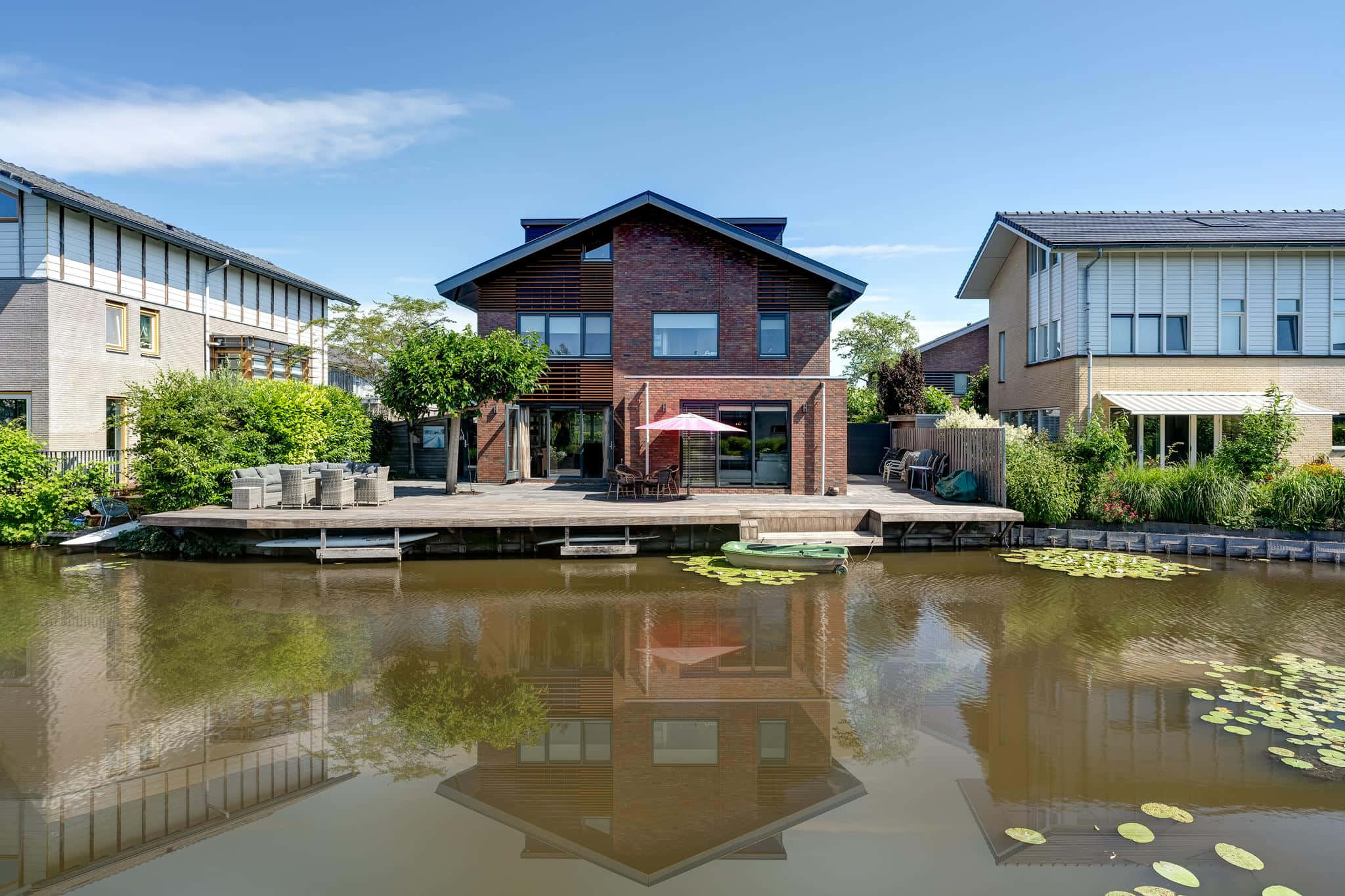 Purmerend, modern brick house, wooden deck, Full HD Desktop Wallpaper