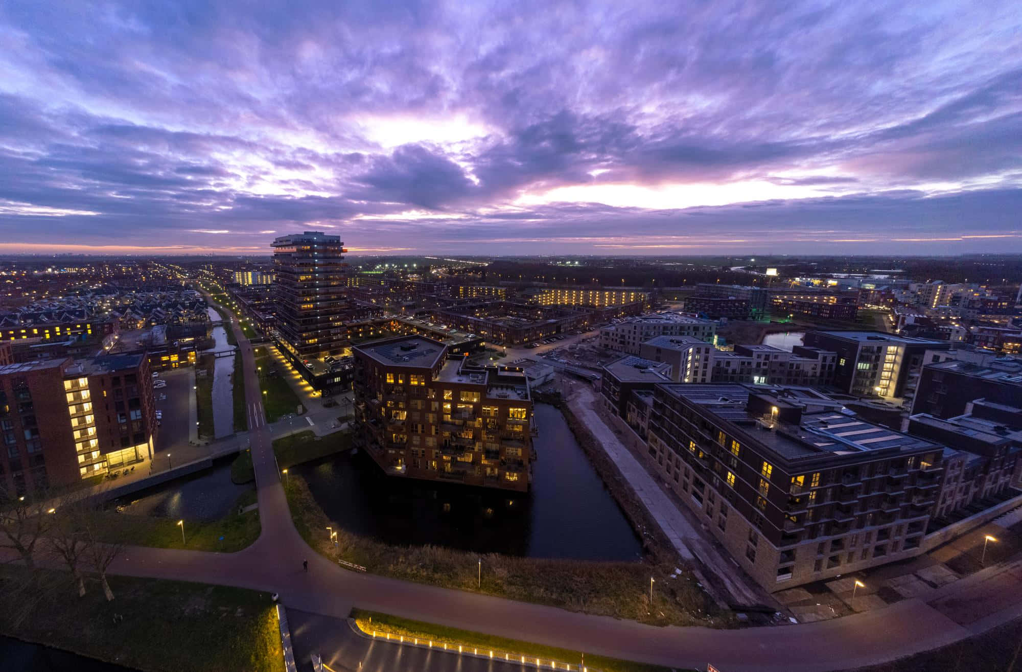 Purmerend, twilight, aerial view, Full HD Desktop Wallpaper