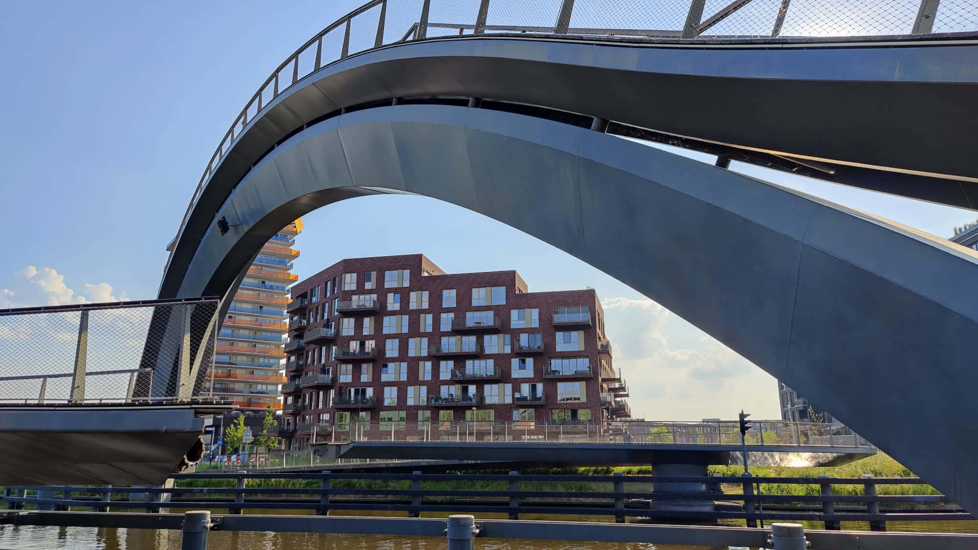 Purmerend, modern curved pedestrian bridge, canal, Full HD Desktop Wallpaper
