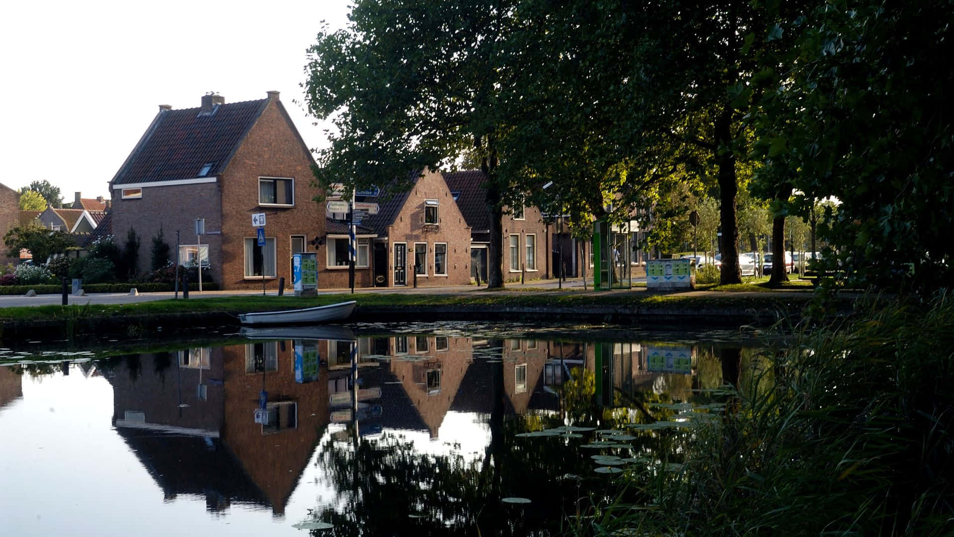 Purmerend, canal, brick houses, Full HD Desktop Wallpaper