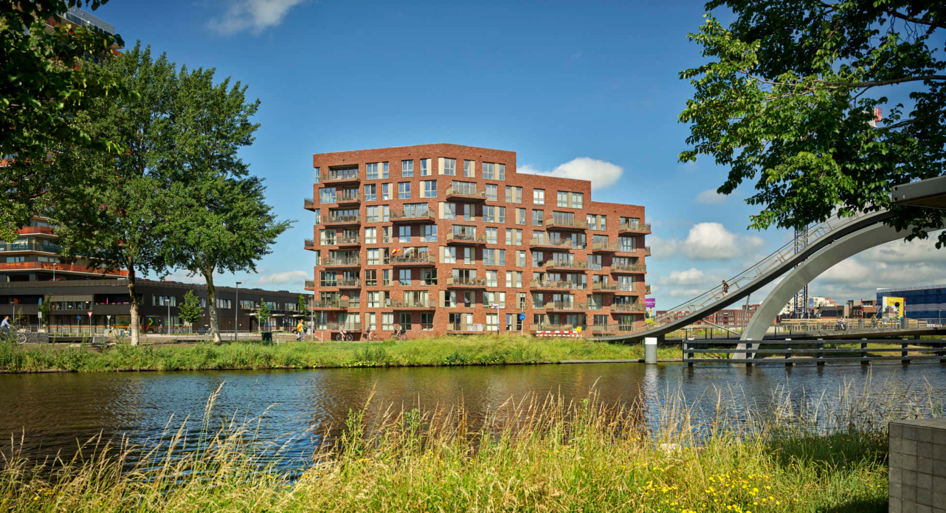 Purmerend, modern apartment building, bridge, Full HD Desktop Wallpaper