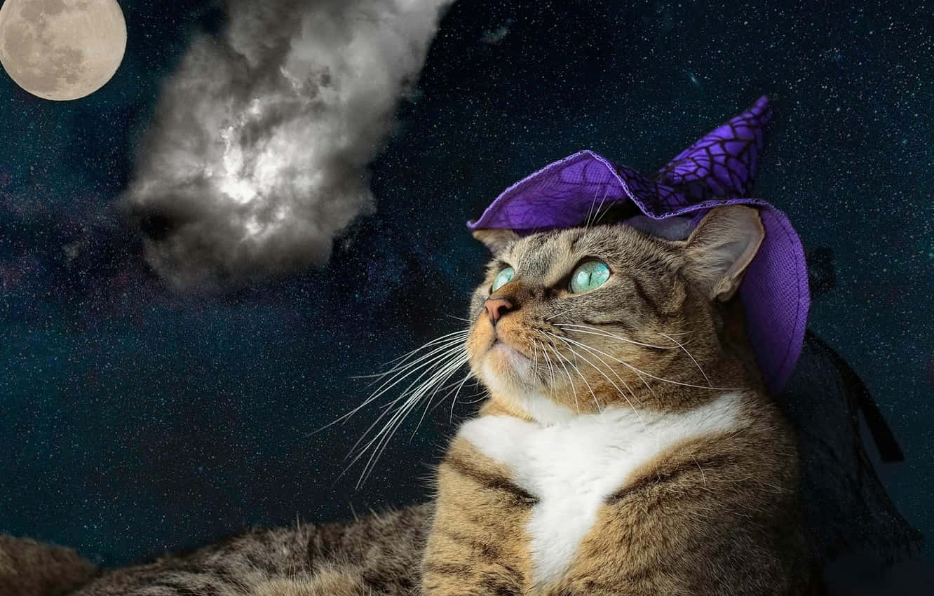 tabby cat, purple witch hat, full moon, HD Desktop Wallpaper