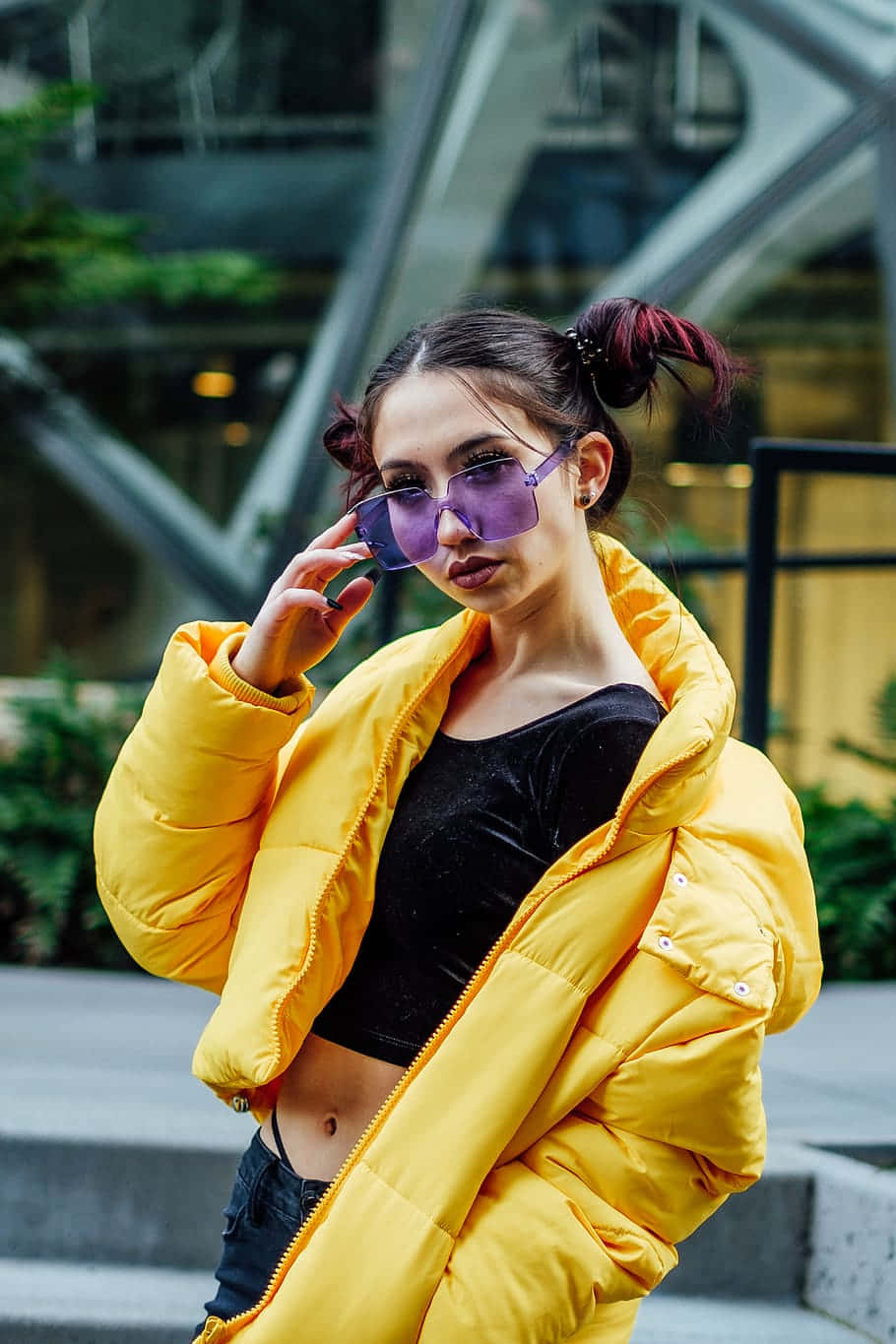 purple sunglasses, bright yellow puffer jacket, modern urban setting, HD Phone Wallpaper