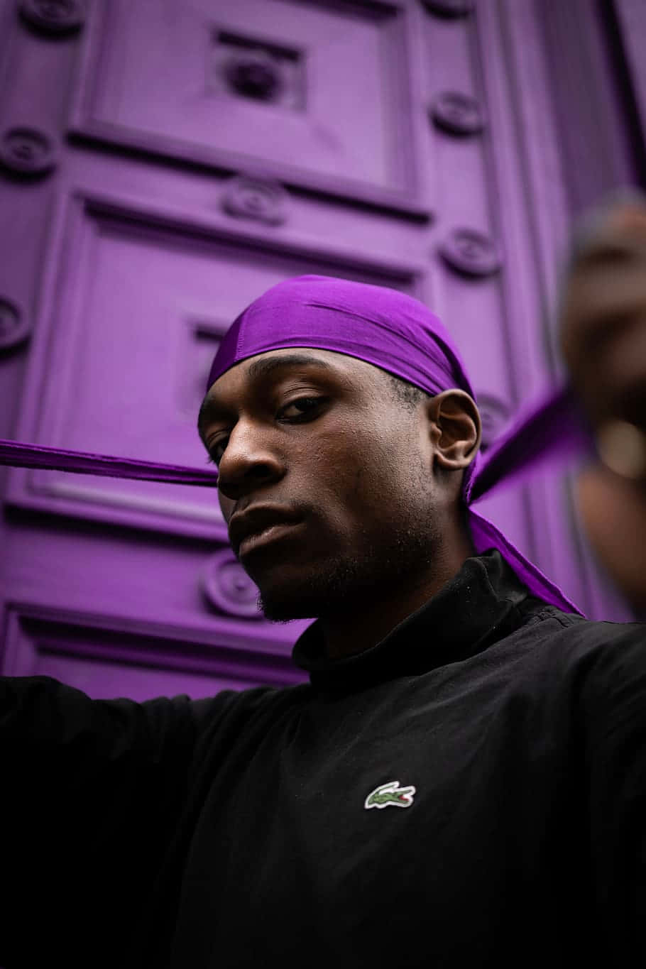 purple headwrap, black Lacoste shirt, vibrant purple ornate door, HD Phone Wallpaper
