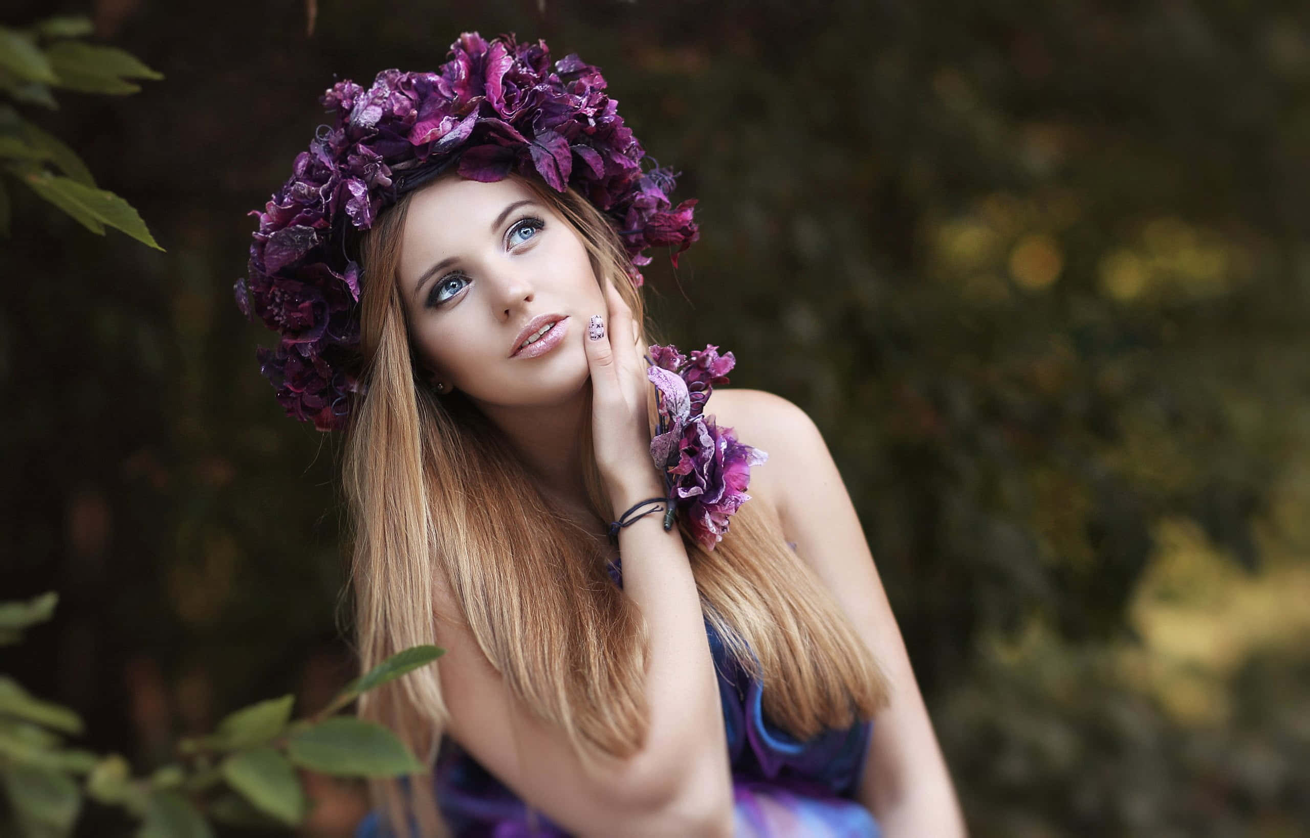 vibrant purple floral crown, matching necklace, lush green forest, 2K Desktop Wallpaper