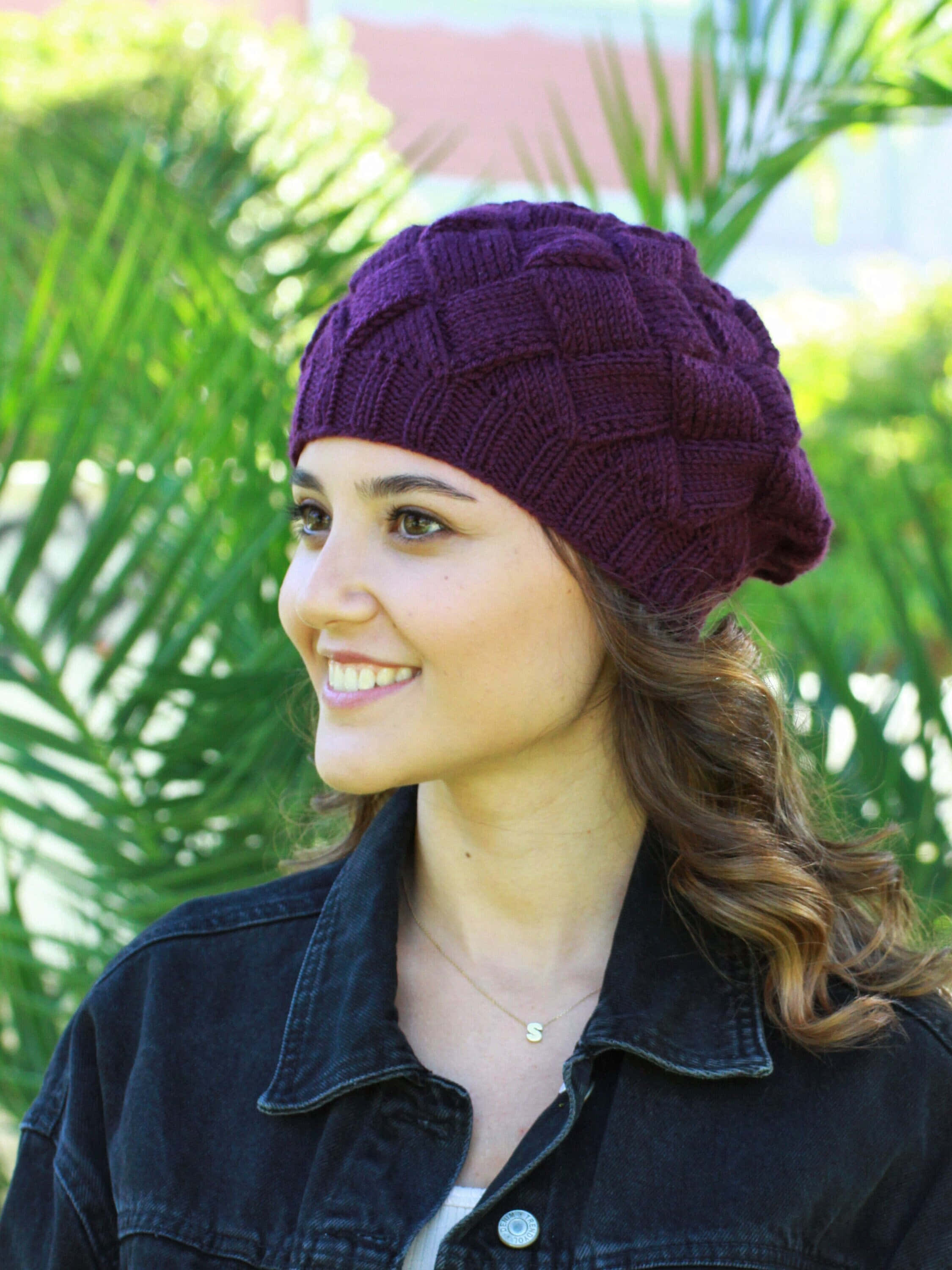 purple knit beanie, textured purple knit beanie, lush green palm fronds, 2K Phone Wallpaper