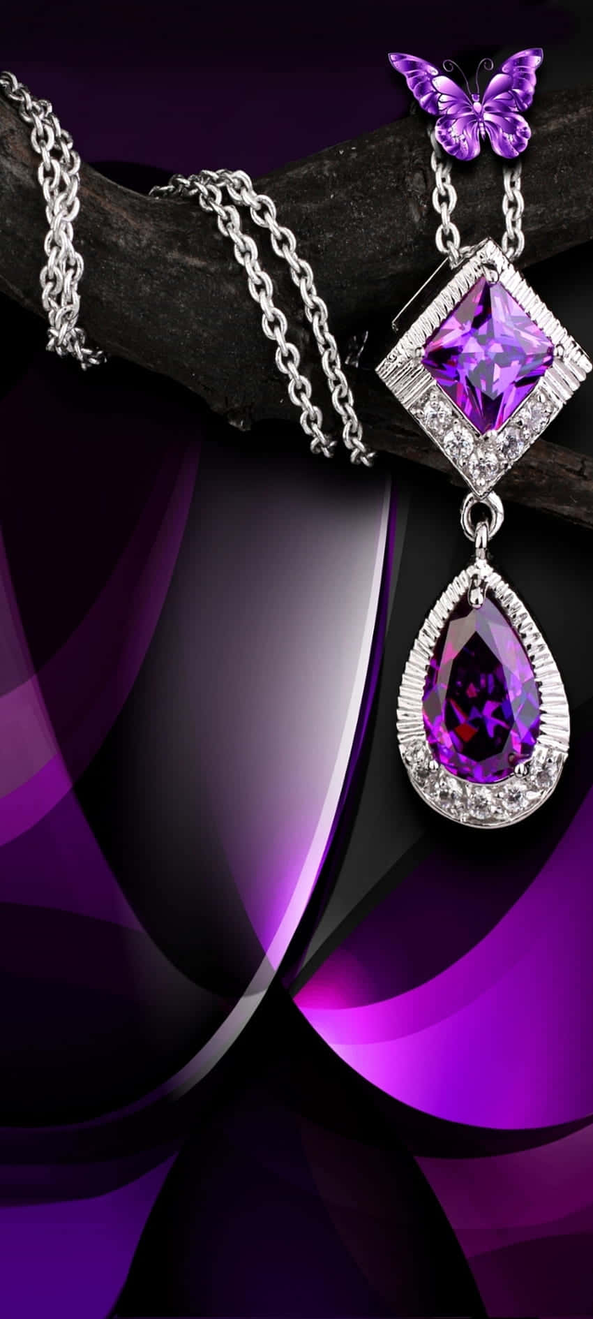 purple gemstones, butterfly pendant, dark branch, HD Phone Wallpaper