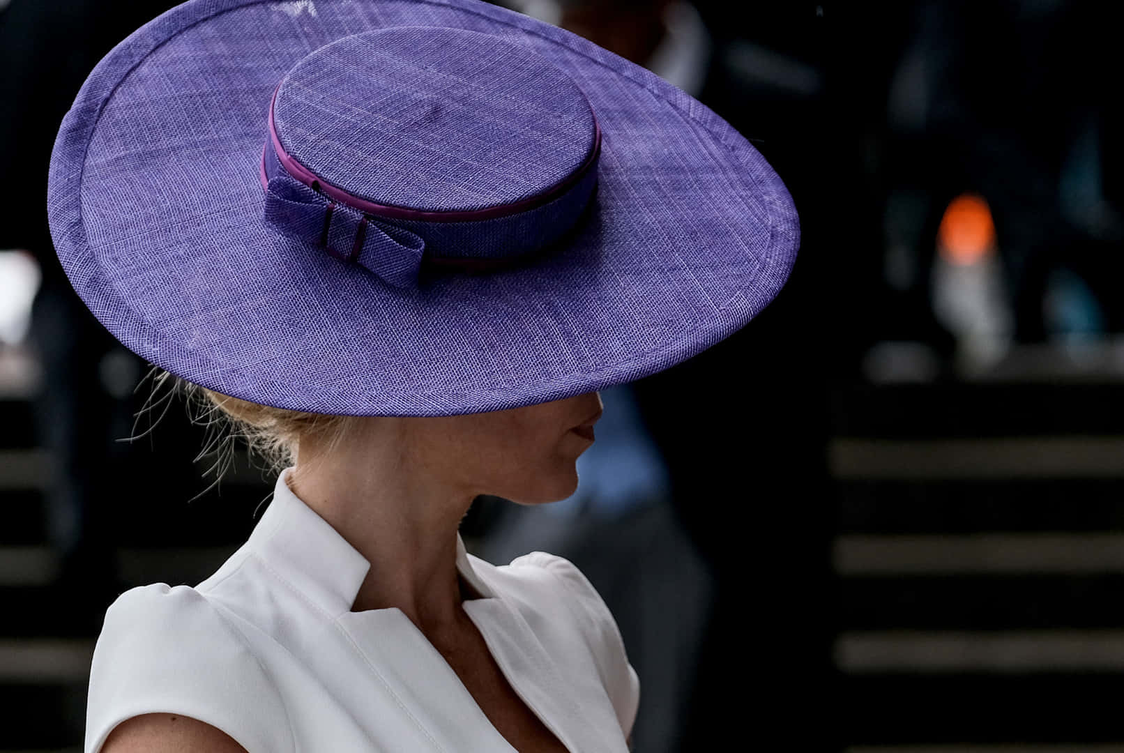 purple textured hat, matching ribbon bow, white blouse, HD Desktop Wallpaper