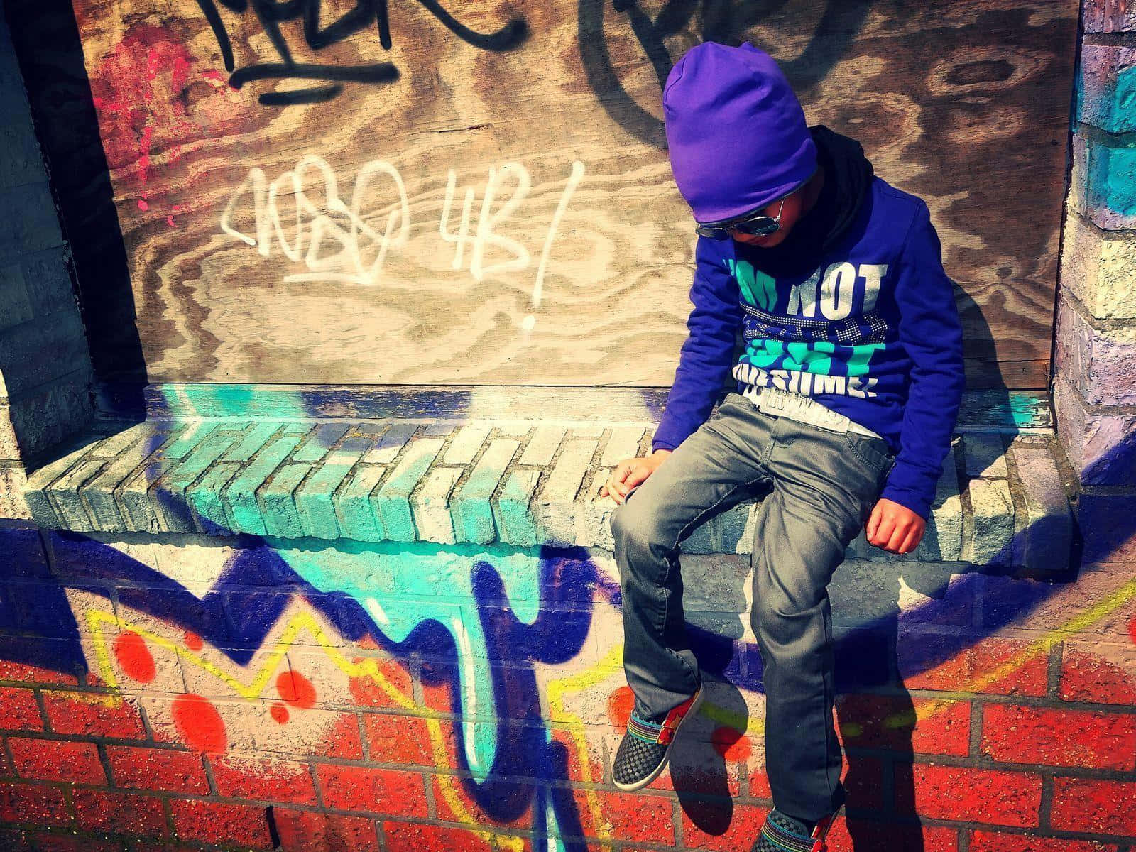 purple beanie, blue hoodie, graffiti-covered brick ledge, HD Desktop Wallpaper