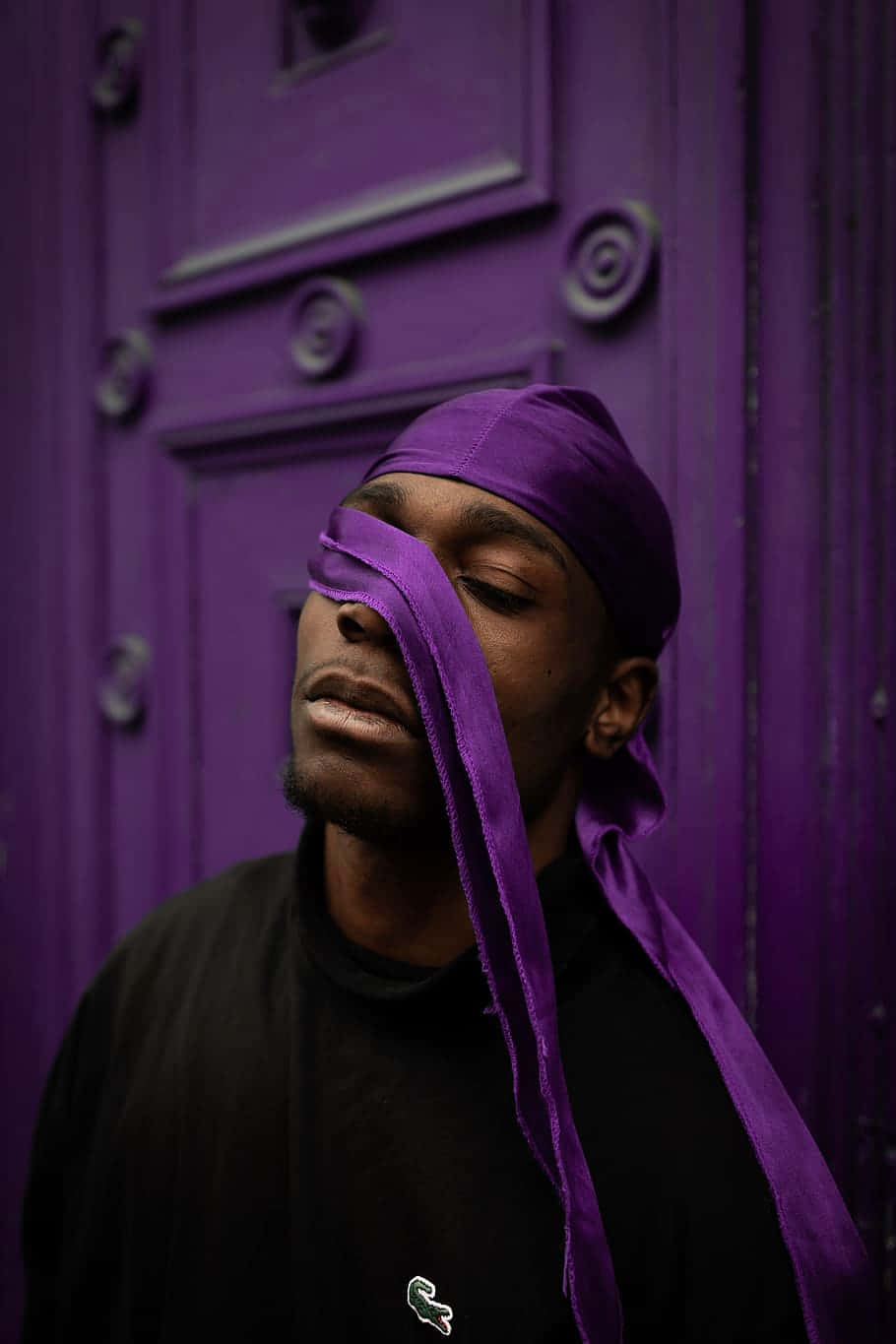 purple blindfold, matching headwrap, vibrant purple wooden door, HD Phone Wallpaper