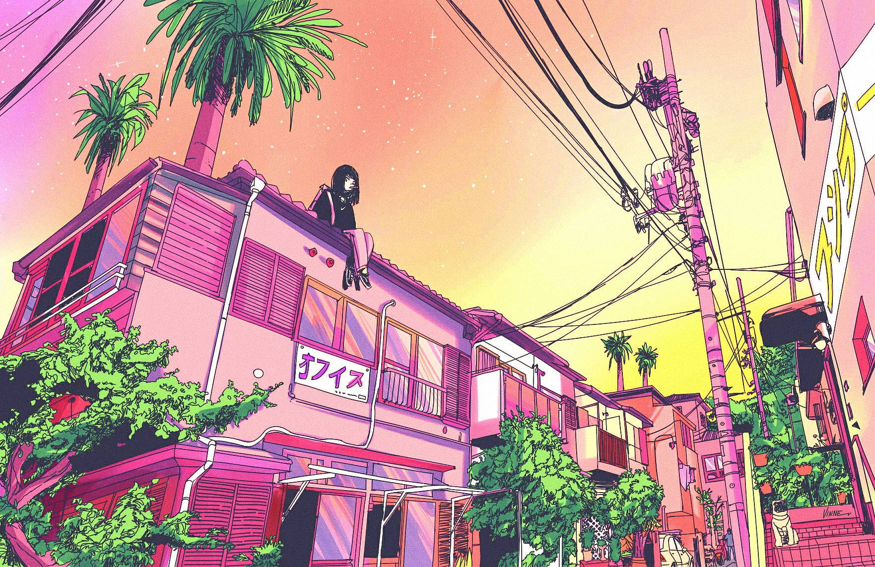 Purple Aesthetic Anime, pink building, vibrant anime-style street, HD Desktop Wallpaper