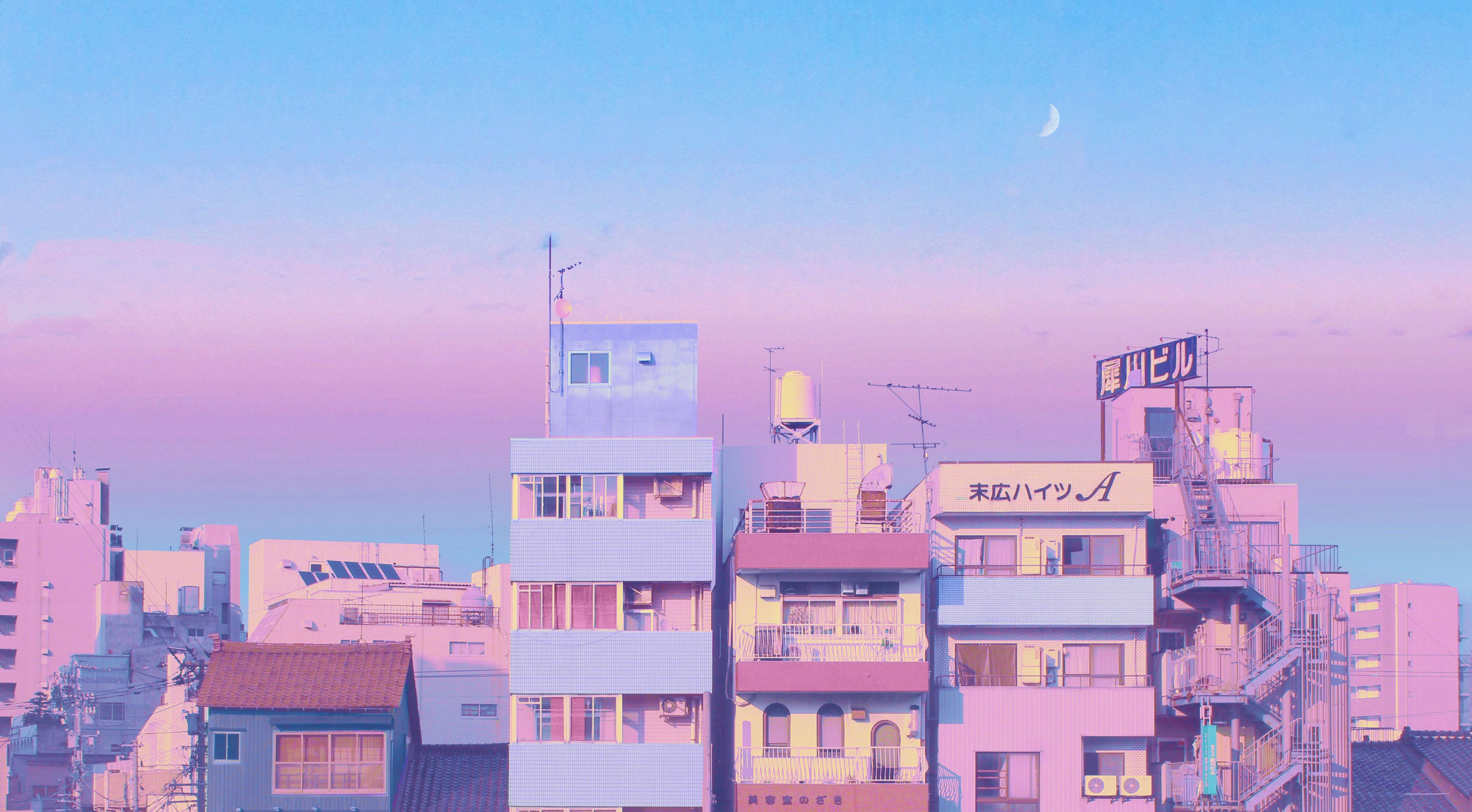 pastel-hued cityscape, twilight, crescent moon, 4K Desktop Wallpaper