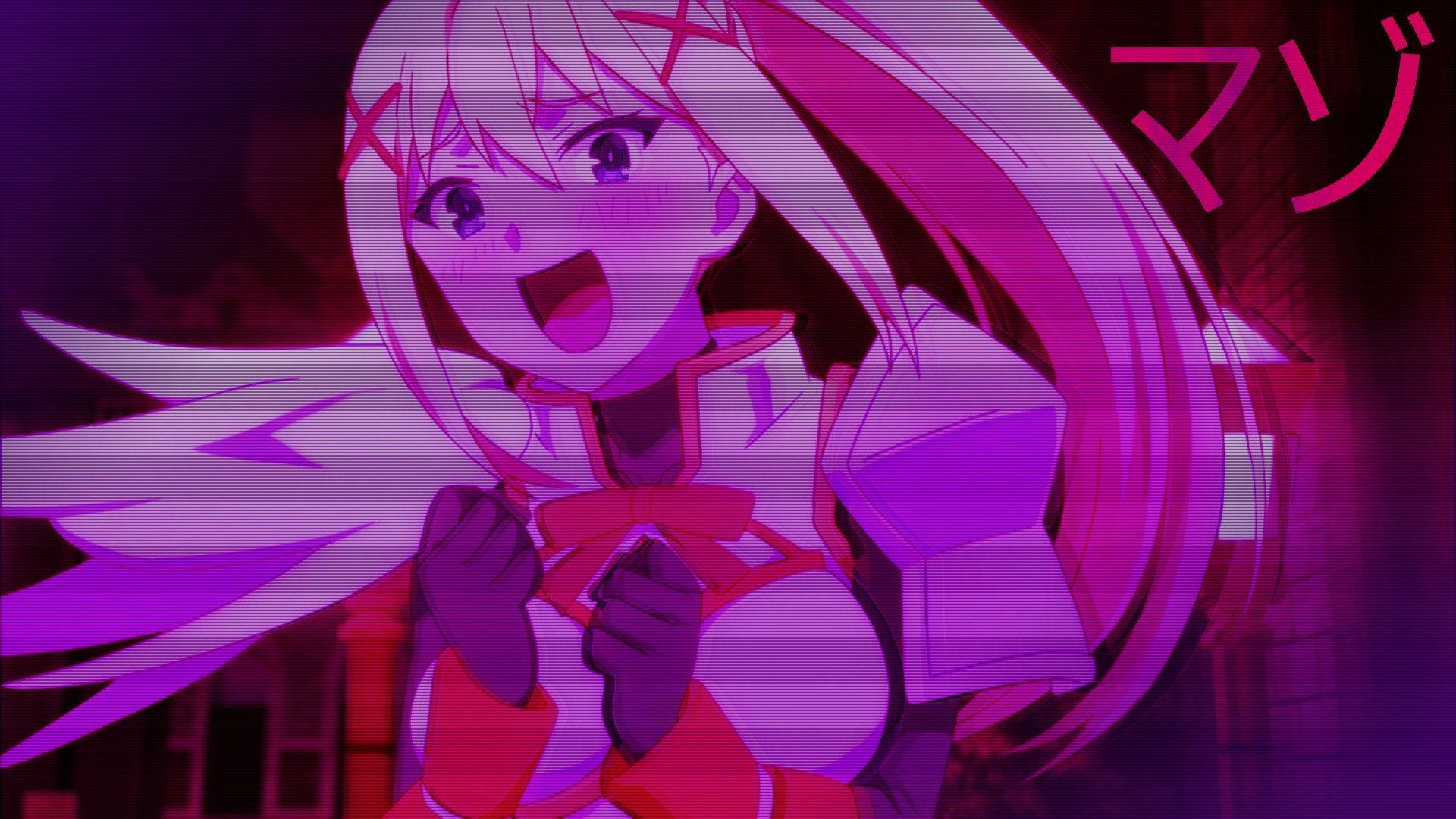 purple aesthetic anime, neon-lit urban backdrop, anime girl, Full HD Desktop Wallpaper
