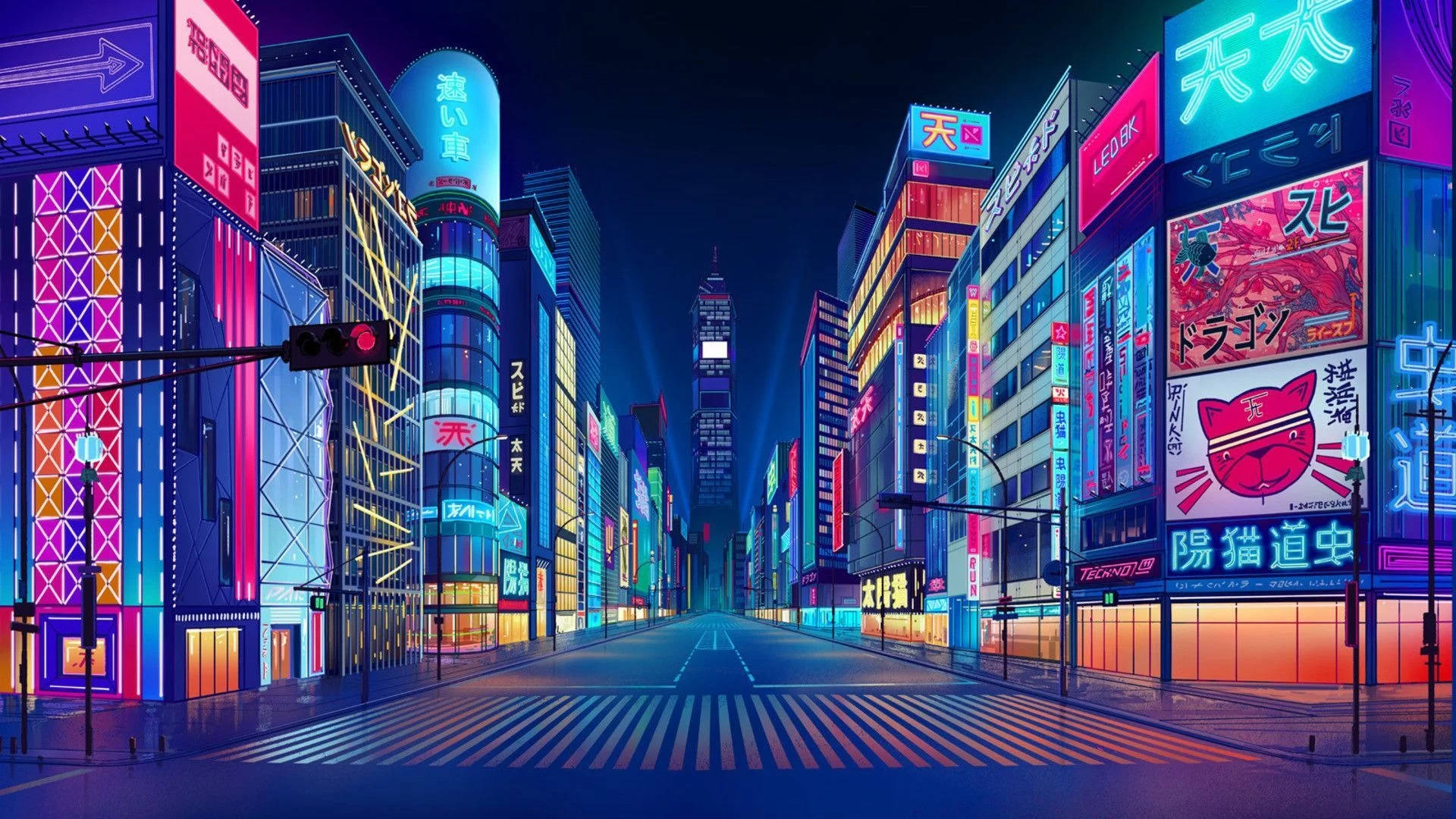 Purple Aesthetic Anime, neon-lit Tokyo street, night, Full HD Desktop Wallpaper